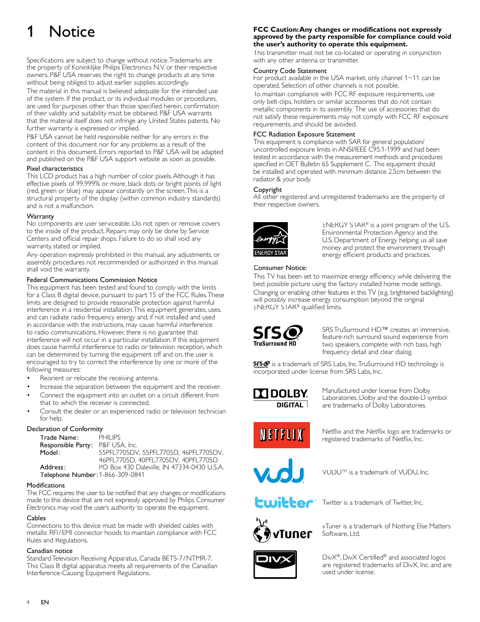 1 notice | Philips 40PFL7705D-F7 User Manual | Page 5 / 48