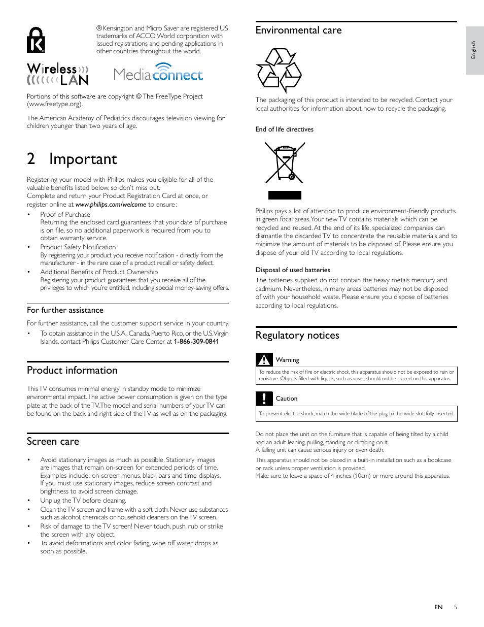 2 important, Product information, Screen care | Environmental care, Regulatory notices | Philips 40PFL7705D-F7 User Manual | Page 6 / 48