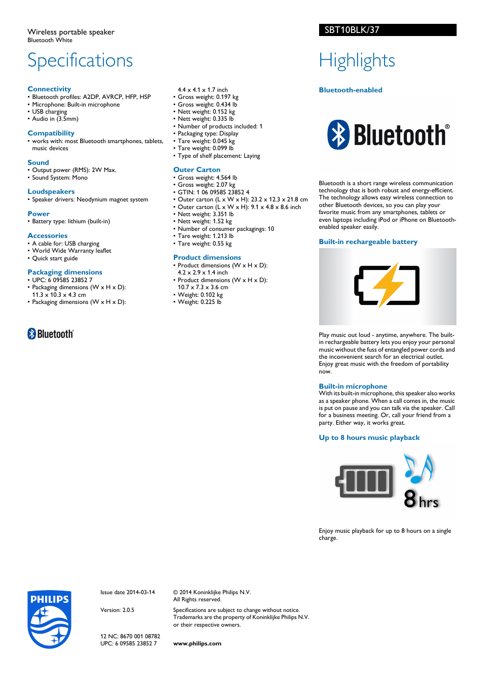 Specifications, Highlights, Sbt10blk/37 | Philips SBT10BLK-37 User Manual | Page 2 / 2