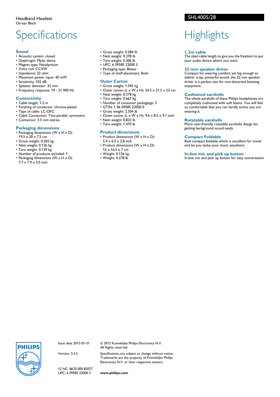 Specifications, Highlights | Philips SHL4005-28 User Manual | Page 2 / 2