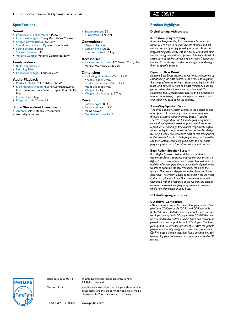 Philips AZ1305-17 User Manual | Page 2 / 2