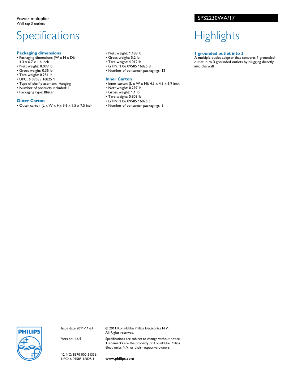 Specifications, Highlights | Philips SPS2230WA-17 User Manual | Page 2 / 2