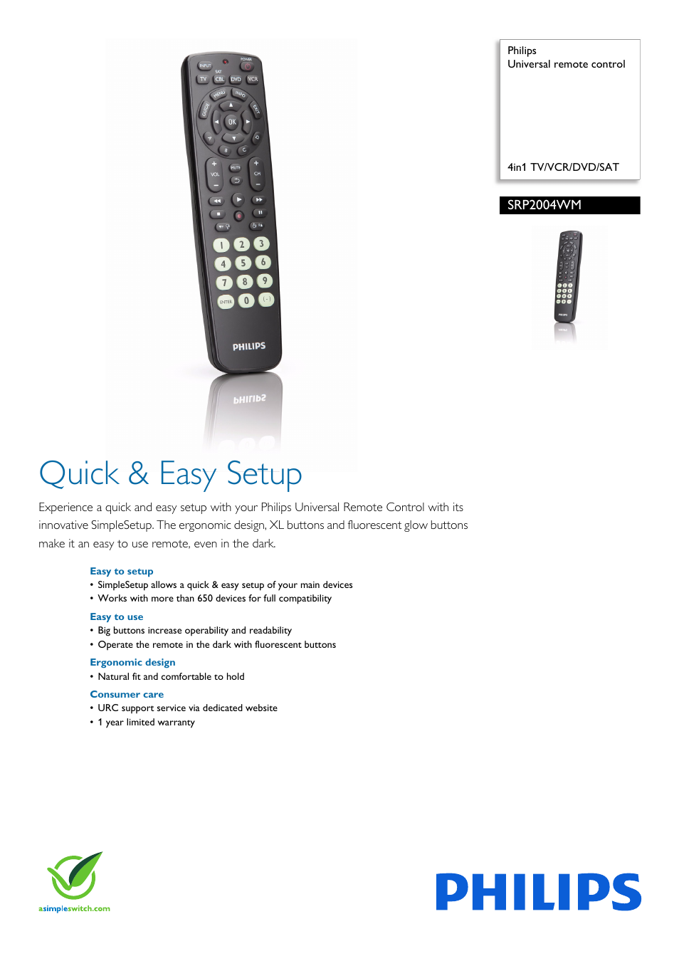 Philips SRP2004WM-17 User Manual | 2 pages