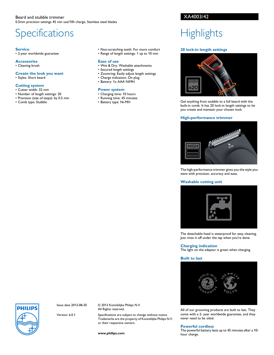 Specifications, Highlights | Philips XA4003-42 User Manual | Page 2 / 2