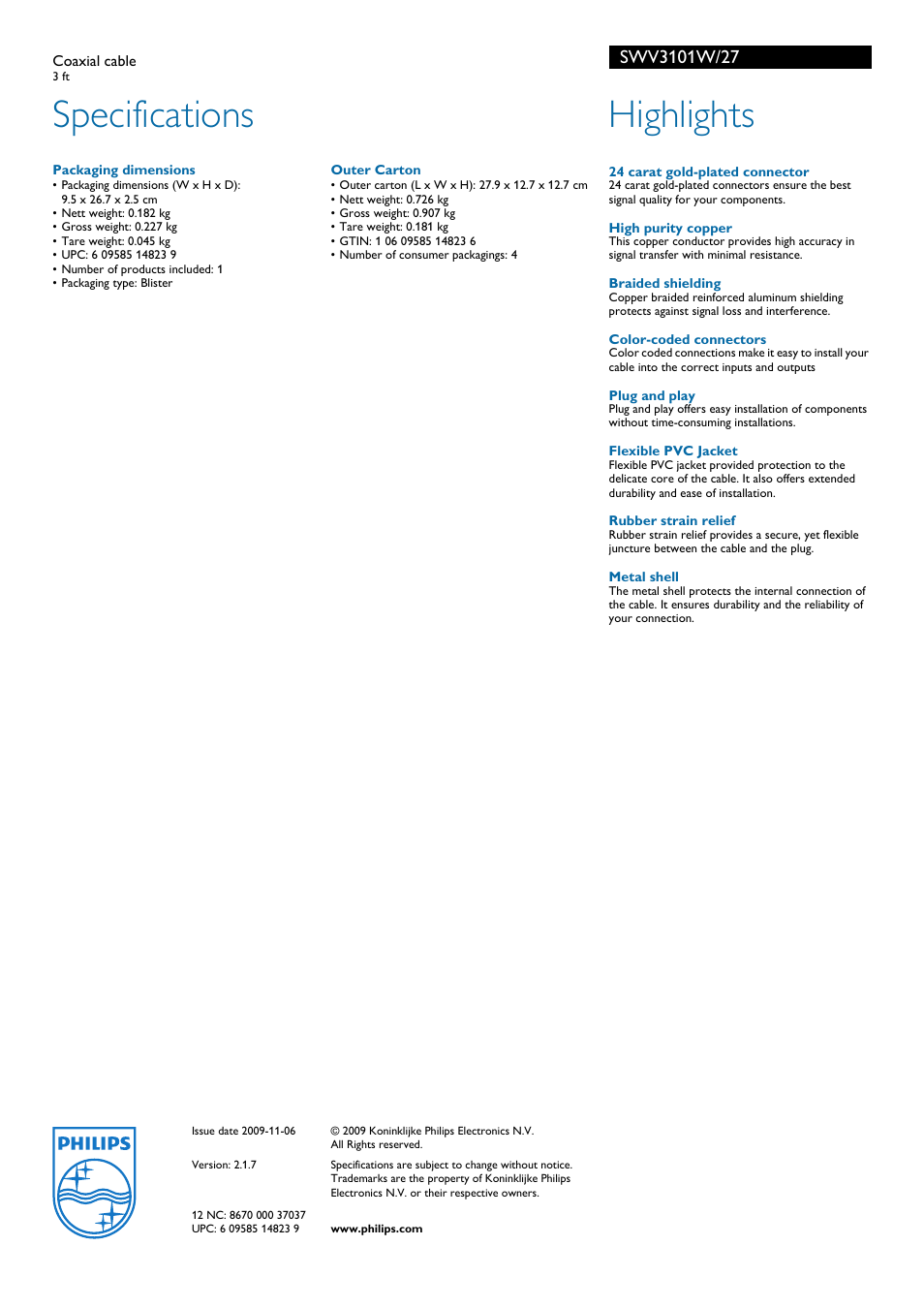 Specifications, Highlights | Philips SWV3101W-27 User Manual | Page 2 / 2