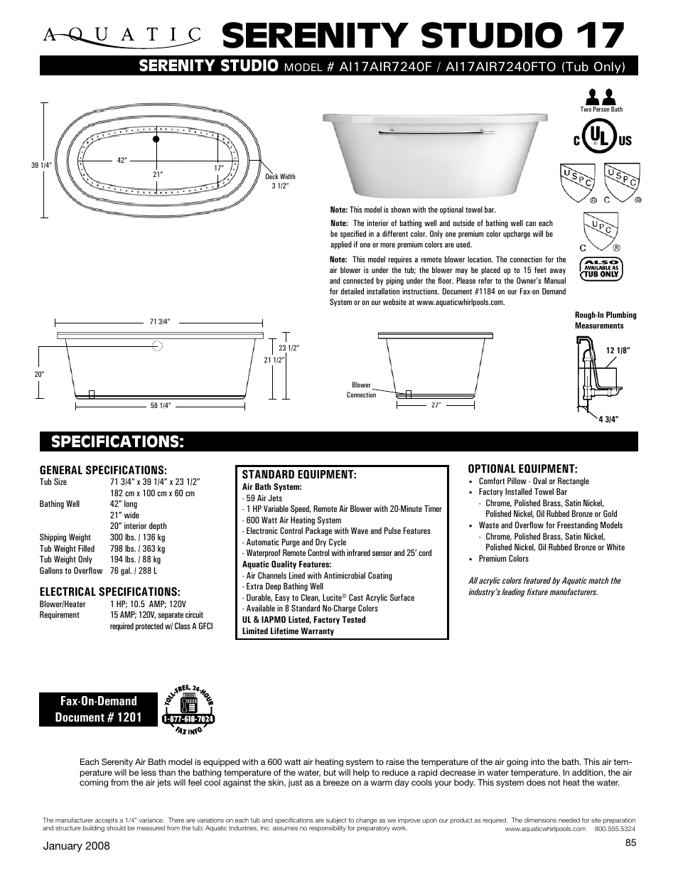 Aquatic AI17AIR7240F User Manual | 1 page