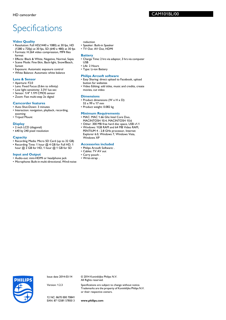 Specifications | Philips CAM101BL-00 User Manual | Page 3 / 3