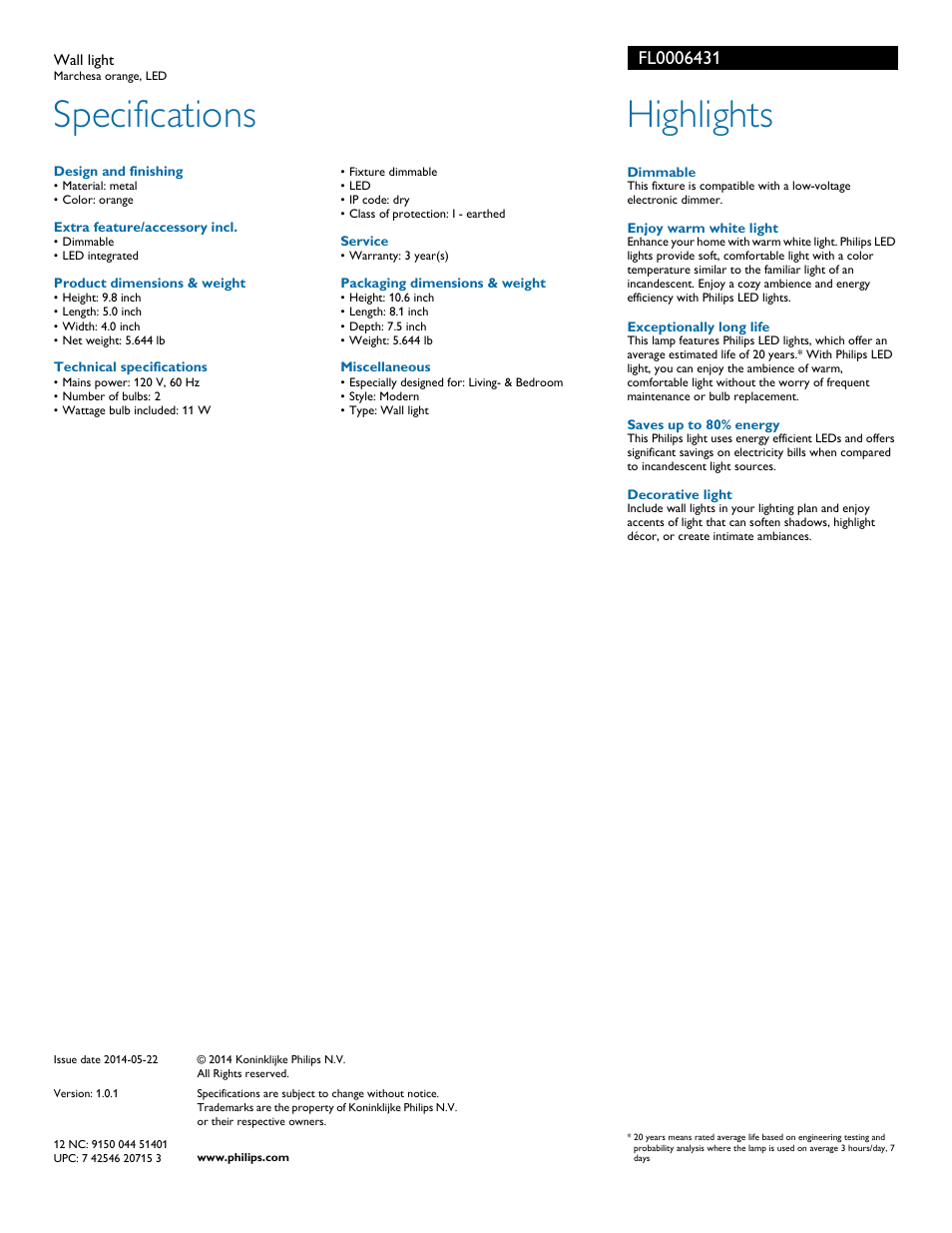 Specifications, Highlights | Philips FL0006431 User Manual | Page 2 / 2