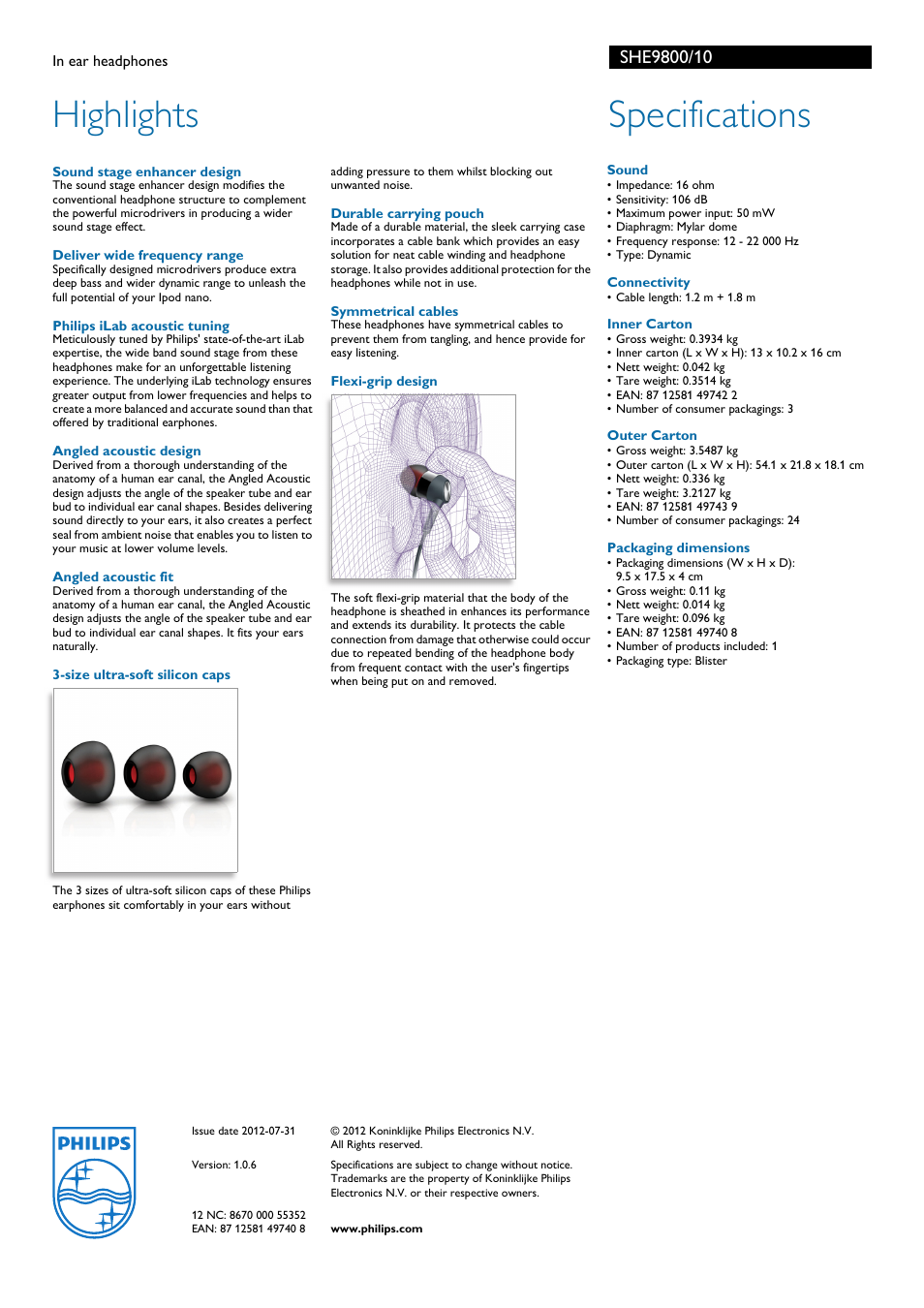 Highlights, Specifications | Philips SHE9800-10 User Manual | Page 2 / 2