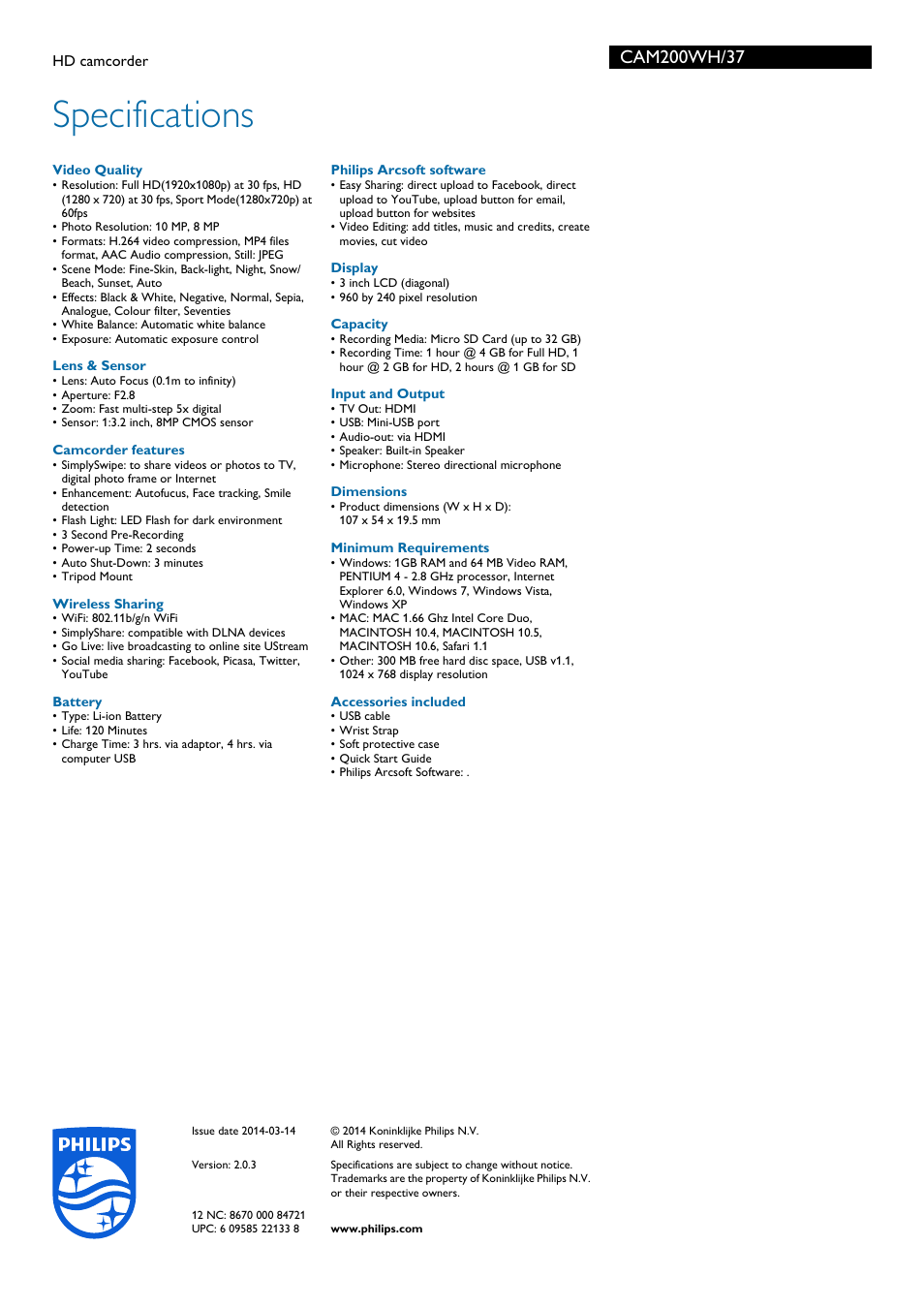 Specifications | Philips CAM200WH-37 User Manual | Page 3 / 3