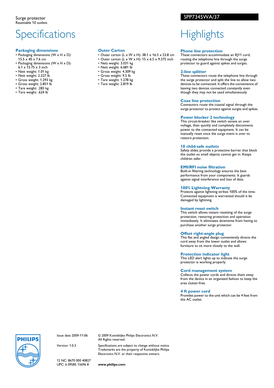 Specifications, Highlights | Philips SPP7345WA-37 User Manual | Page 2 / 2