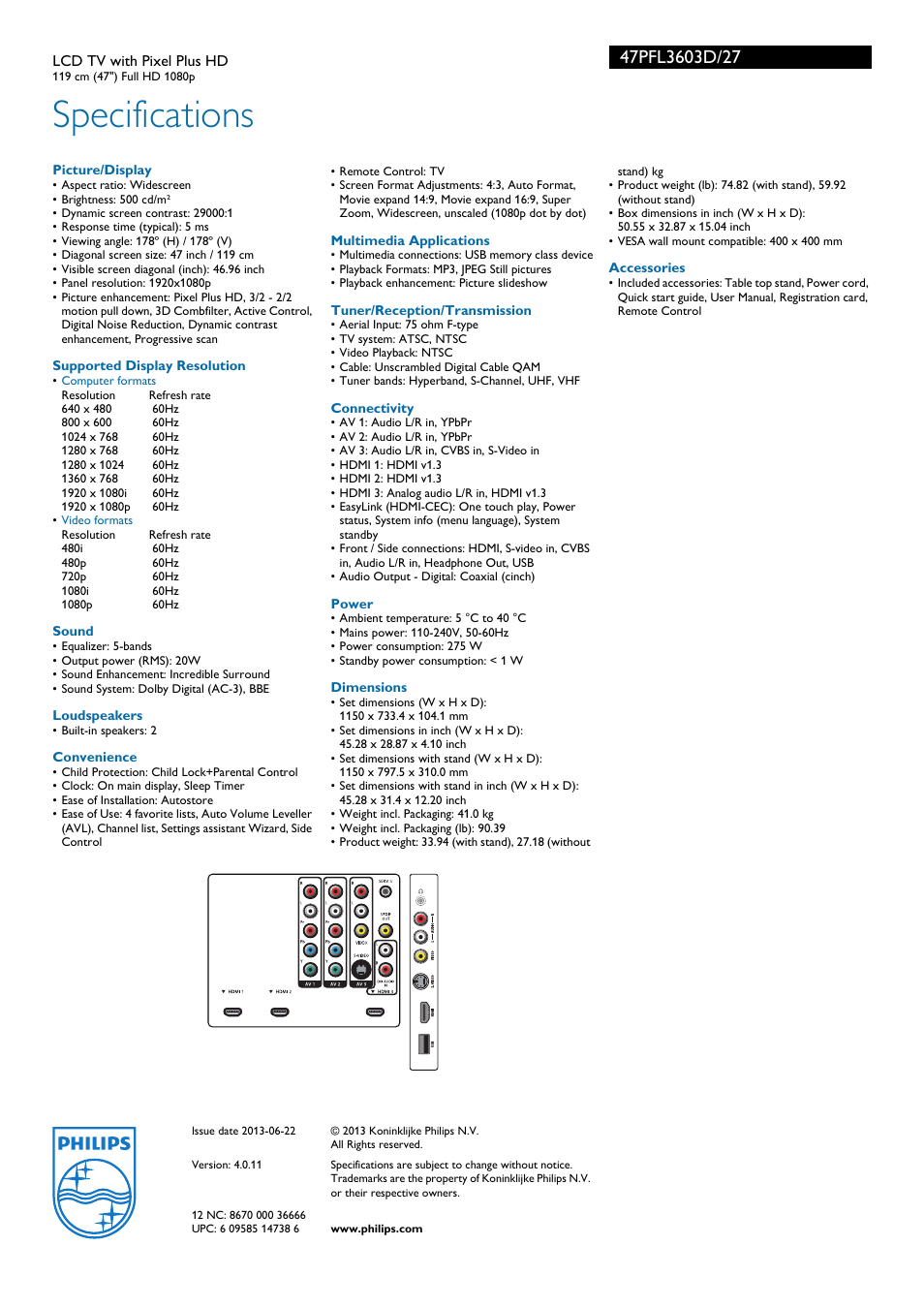 Specifications | Philips 47PFL3603D-27 User Manual | Page 3 / 3