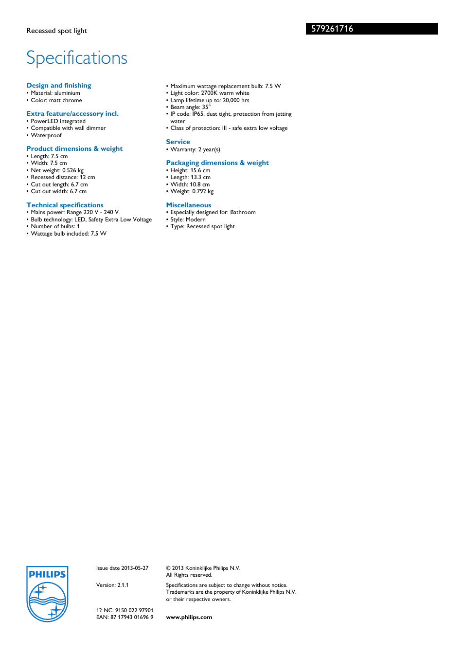 Specifications | Philips 579261716 User Manual | Page 3 / 3