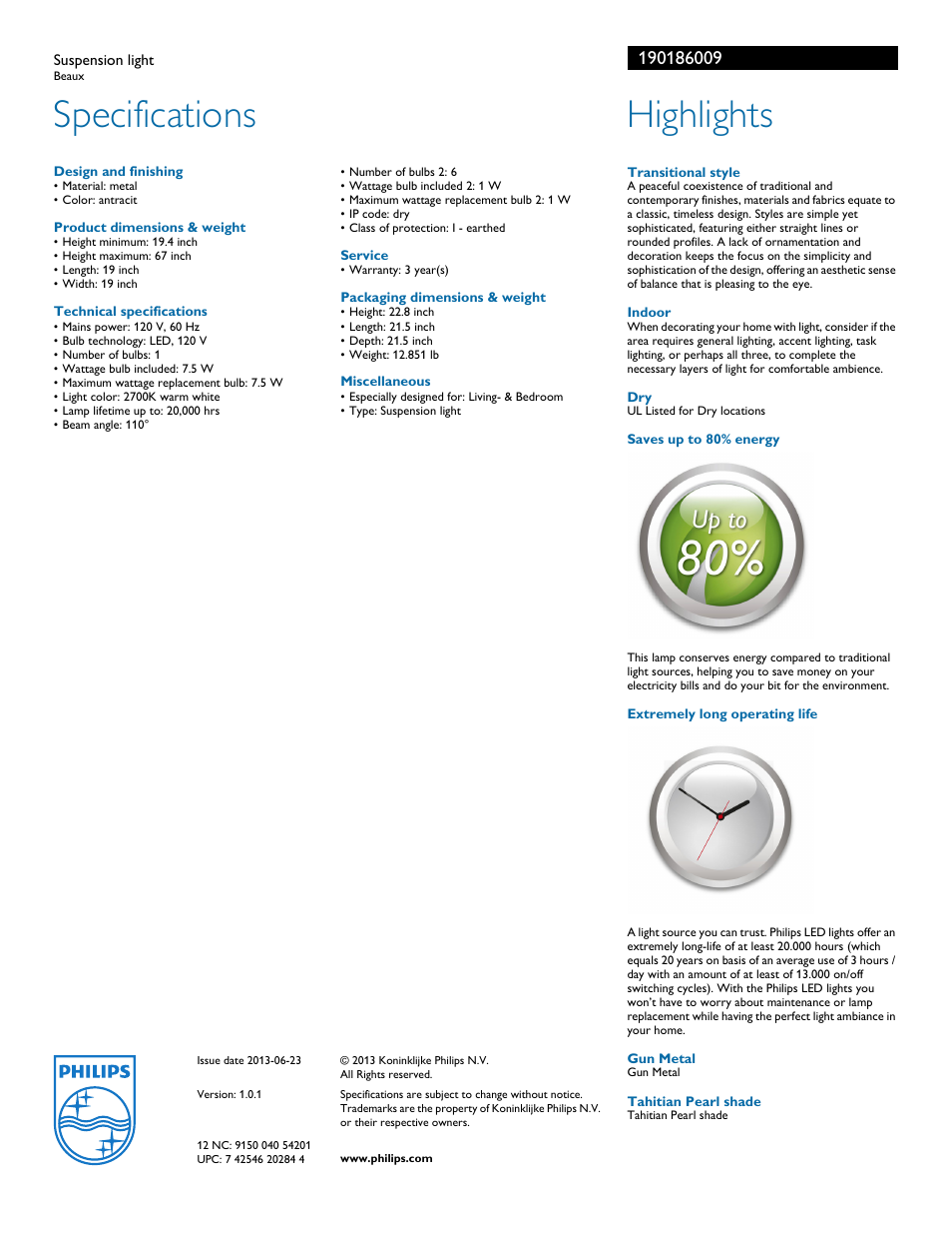 Specifications, Highlights | Philips 190186009 User Manual | Page 2 / 2