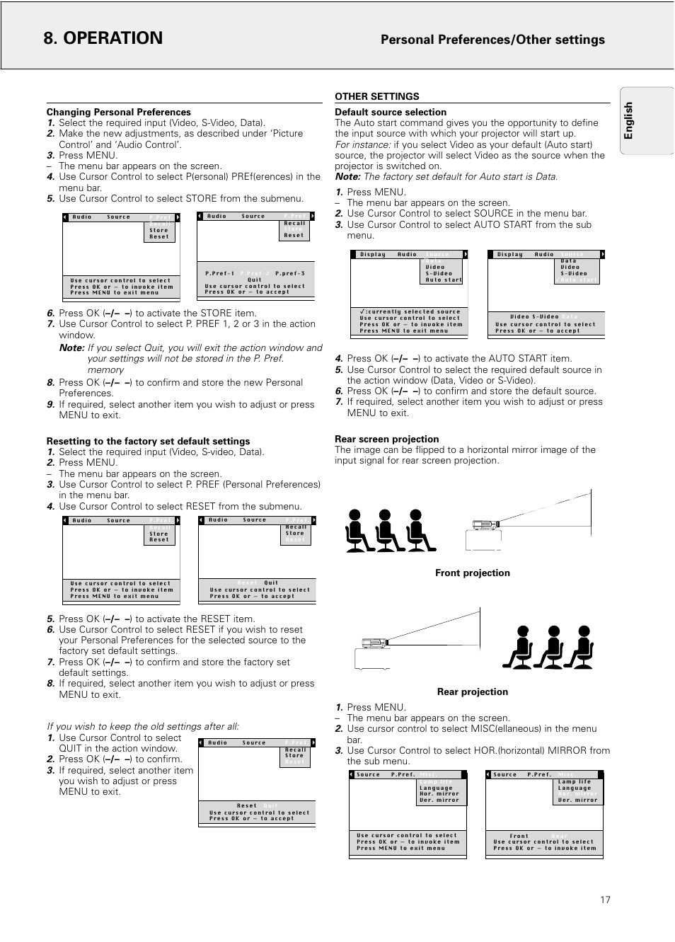 Other settings, Operation, Personal preferences/other settings | English | Philips LC4031 User Manual | Page 17 / 21