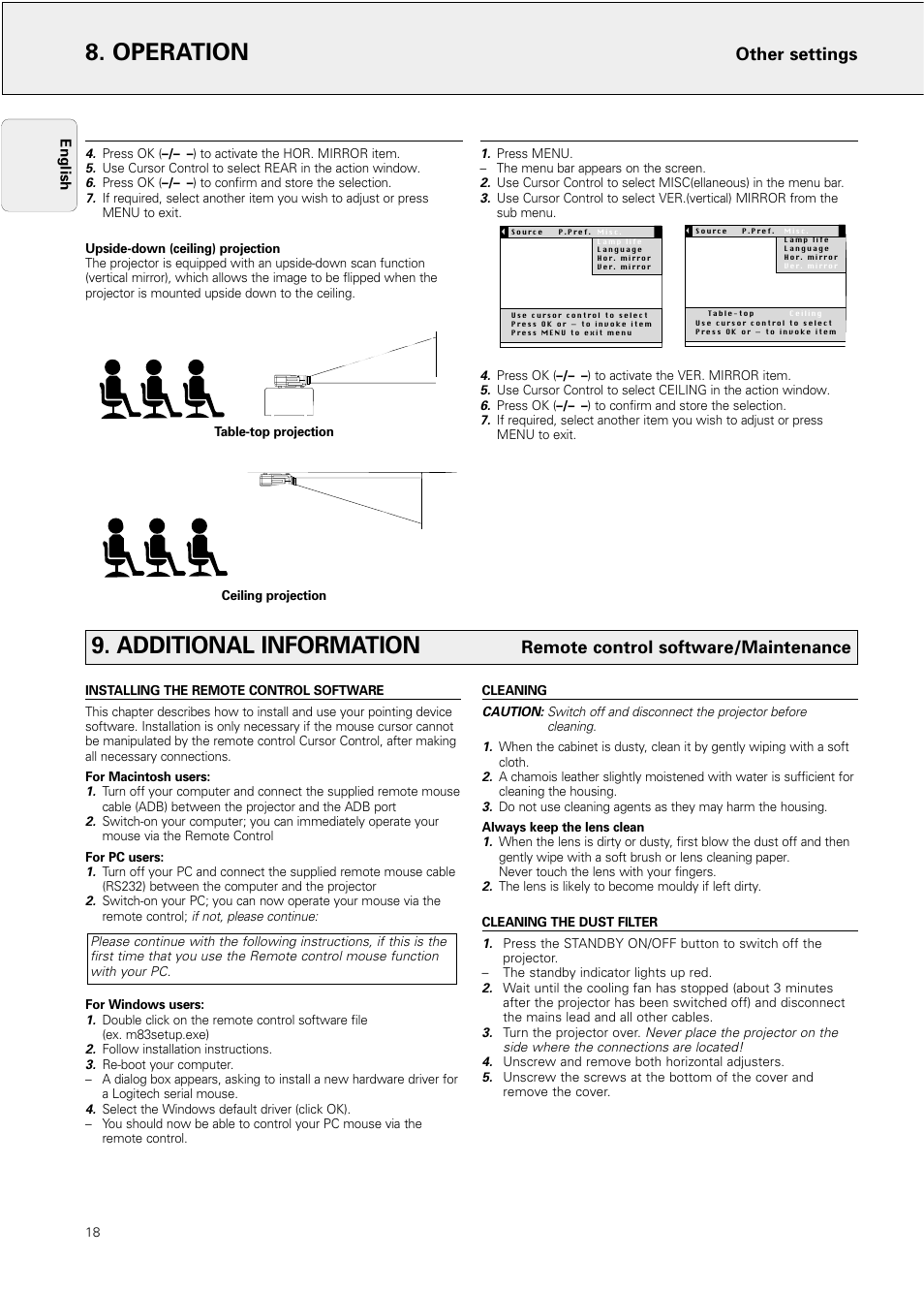 Additional information, Installing the remote control software, Cleaning | Cleaning the dust filter, Operation, Other settings, Remote control software/maintenance | Philips LC4031 User Manual | Page 18 / 21