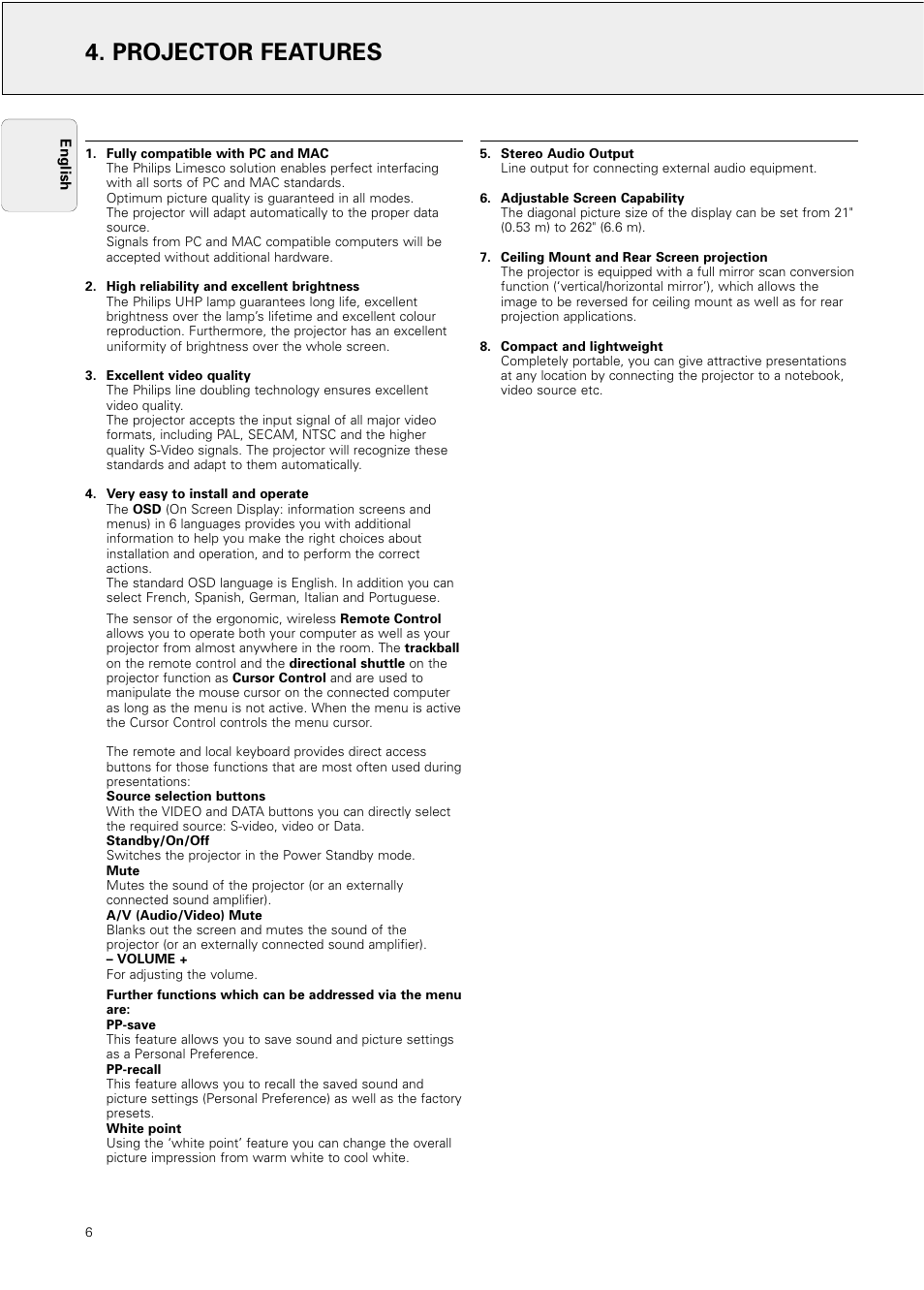 Projector features | Philips LC4031 User Manual | Page 6 / 21