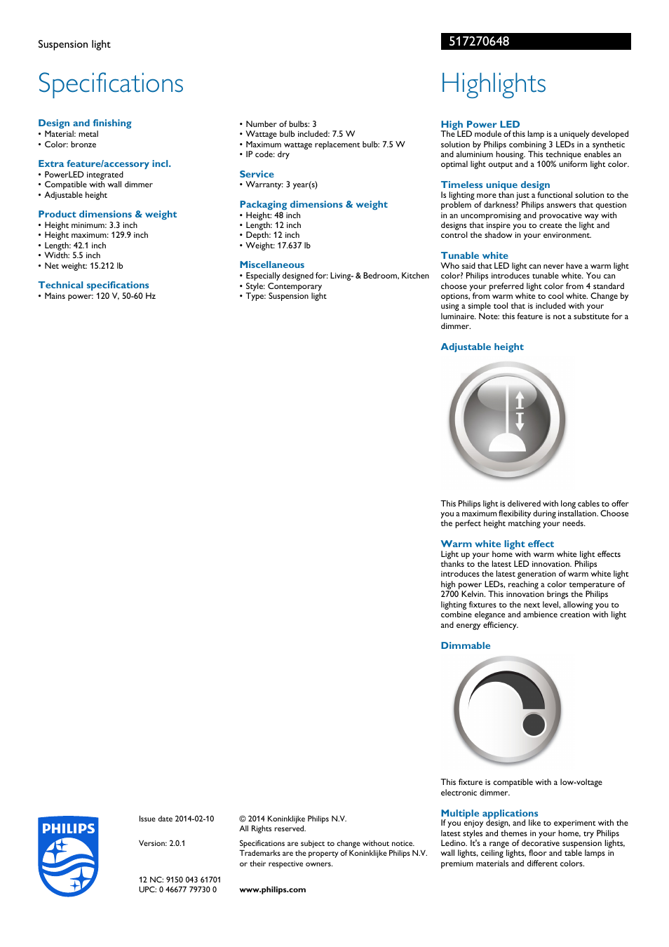 Specifications, Highlights | Philips 517270648 User Manual | Page 2 / 2