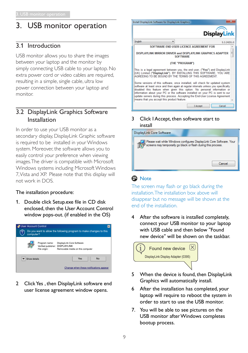 Usb monitor operation, 1 introduction, 2 displaylink graphics software installation | 1 introduction 3.2 displaylink graphics software, Installation | Philips 221S3UCB-00 User Manual | Page 11 / 32