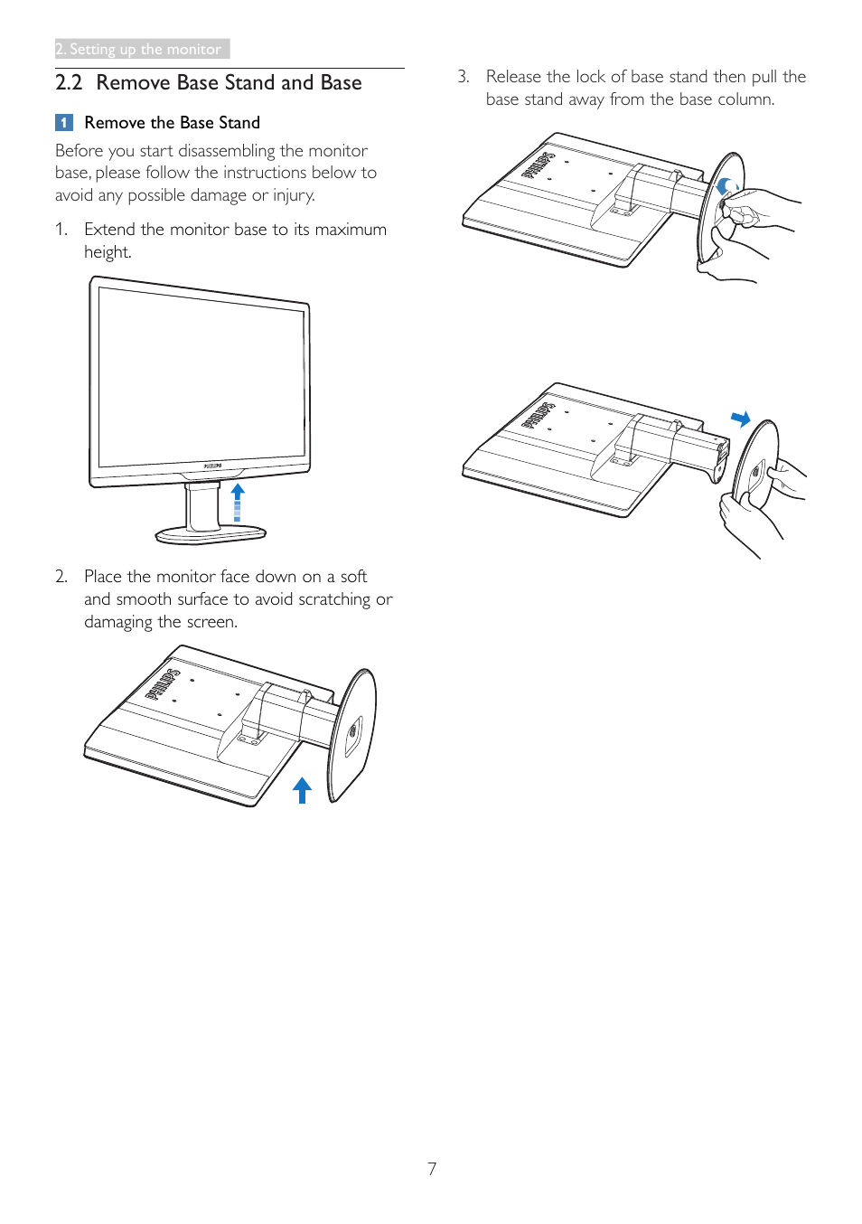 2 remove base stand and base | Philips 221S3UCB-00 User Manual | Page 9 / 32