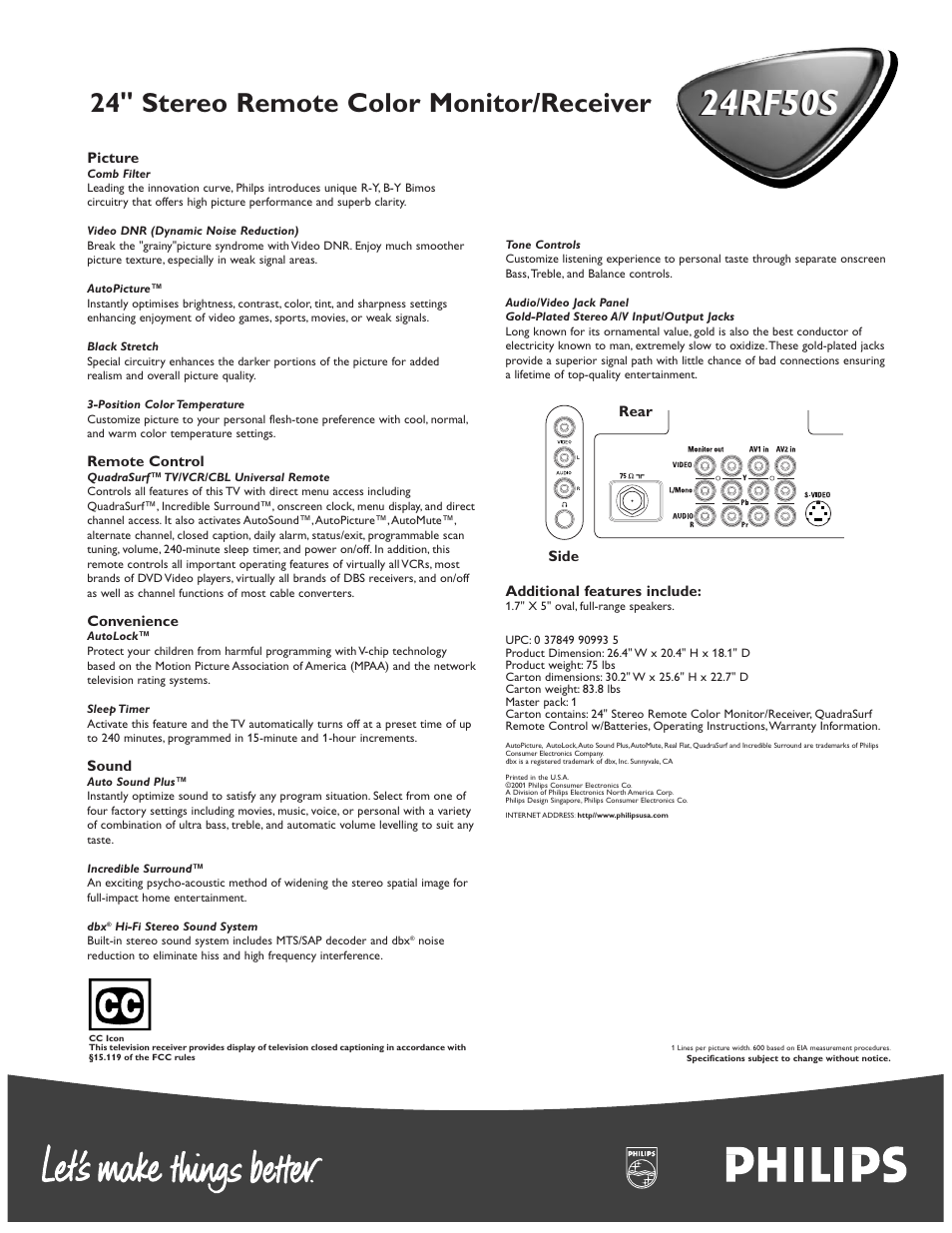 24rf50s, 24" stereo remote color monitor/receiver | Philips 24RF50S99 User Manual | Page 2 / 2