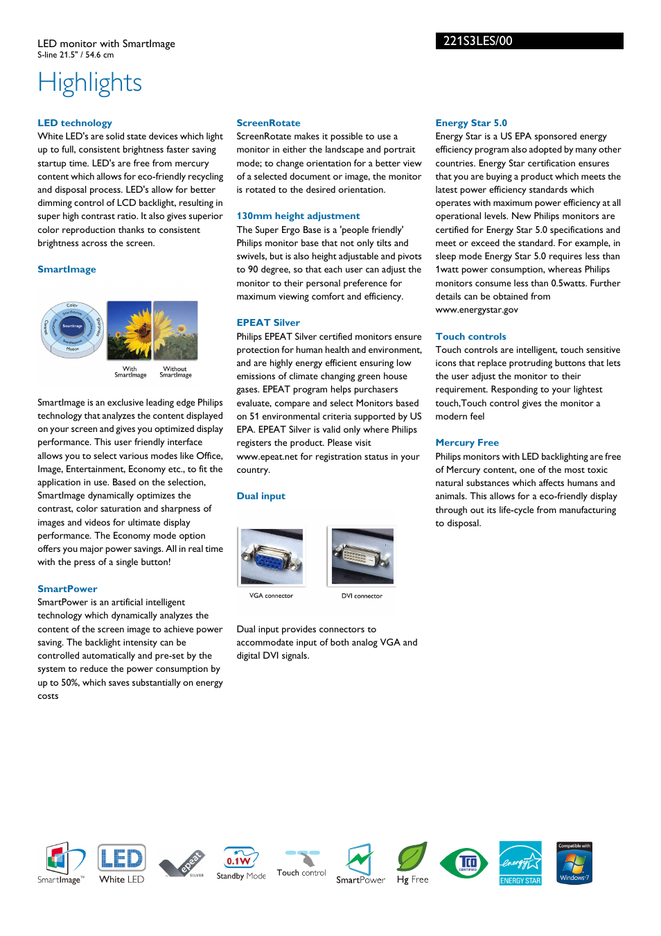 Highlights | Philips 221S3LES-00 User Manual | Page 2 / 3