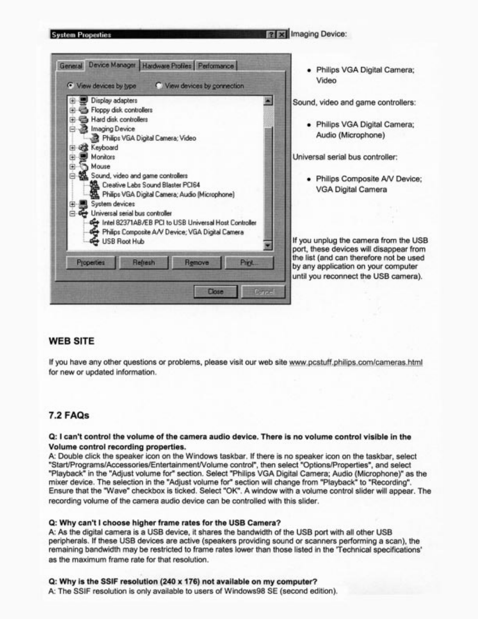 1 gflfwfd manage ptulfei j f«fanafkg, Web site, 2 faqs | Philips PCVC675K99 User Manual | Page 16 / 27