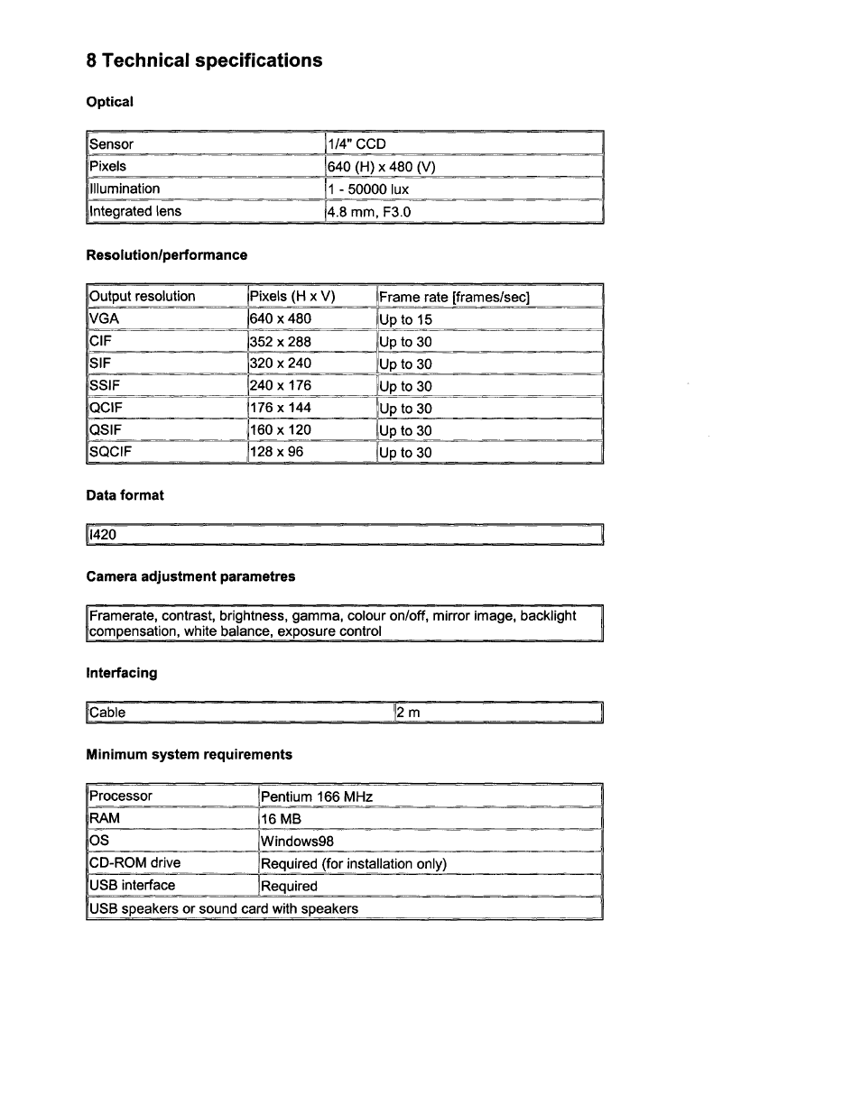 8 technical specifications, Optical, Camera adjustment paramétrés | Interfacing | Philips PCVC675K99 User Manual | Page 19 / 27