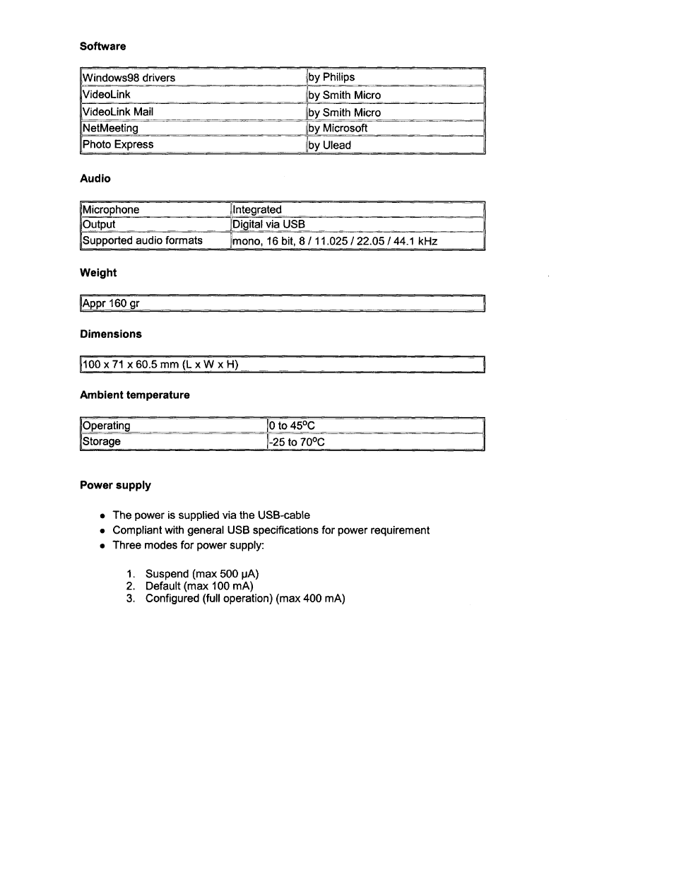 Dimensions, Power supply | Philips PCVC675K99 User Manual | Page 20 / 27