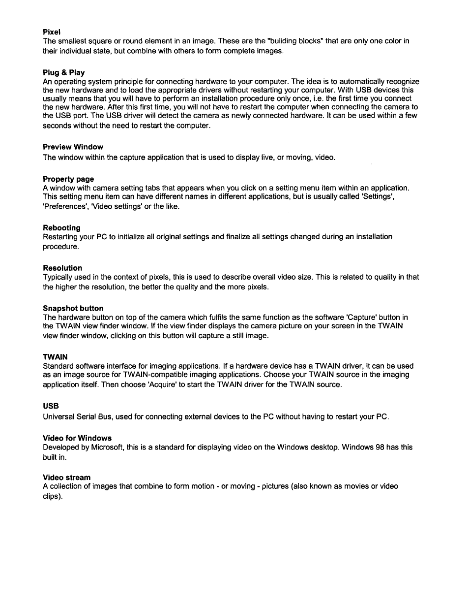 Pixel, Plug & play, Preview window | Rebooting, Resolution, Snapshot button, Twain, Video for windows, Video stream | Philips PCVC675K99 User Manual | Page 23 / 27