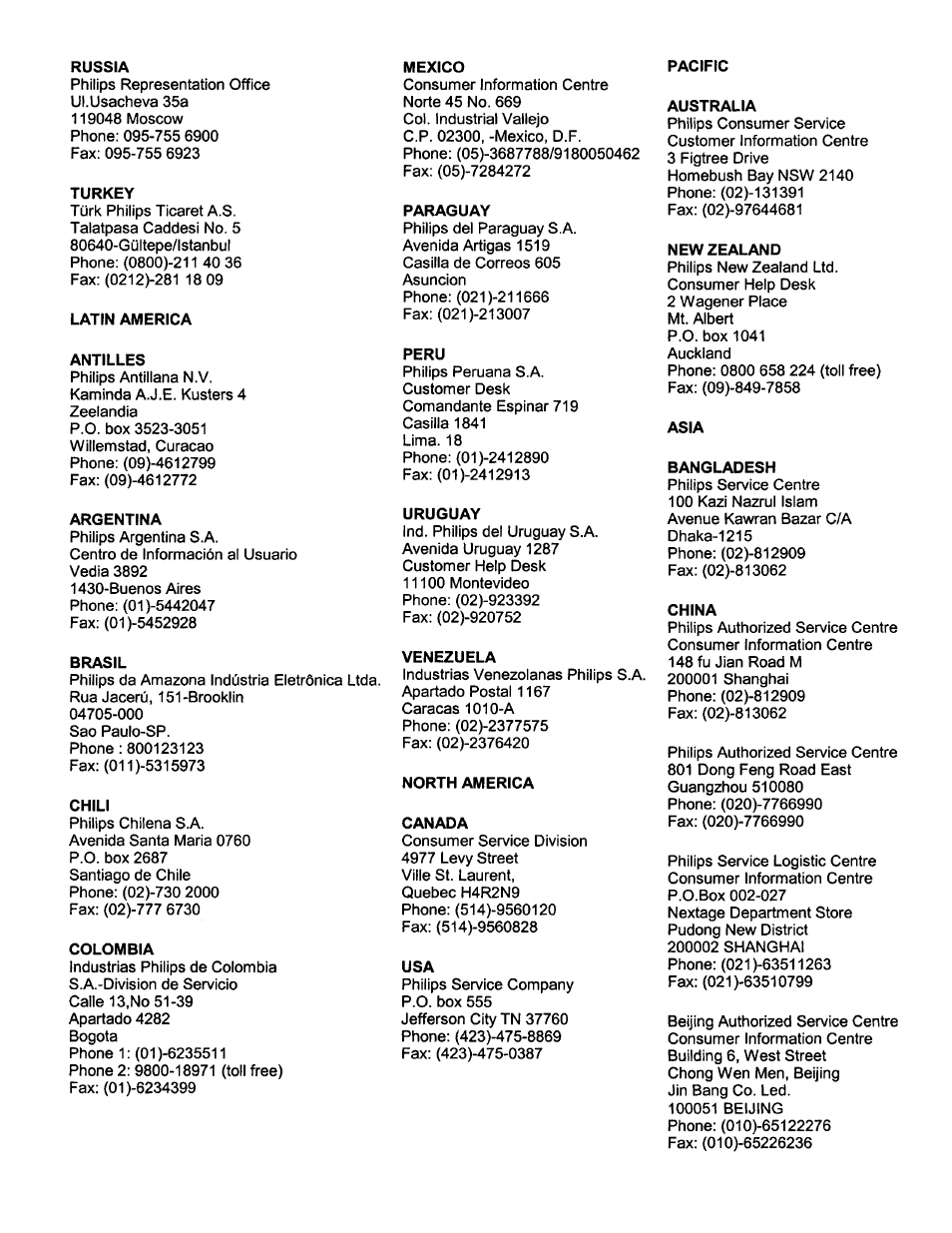 Mexico, Paraguay, Peru | Uruguay, Venezuela, North america, Canada, Pacific, Australia, New zealand | Philips PCVC675K99 User Manual | Page 26 / 27