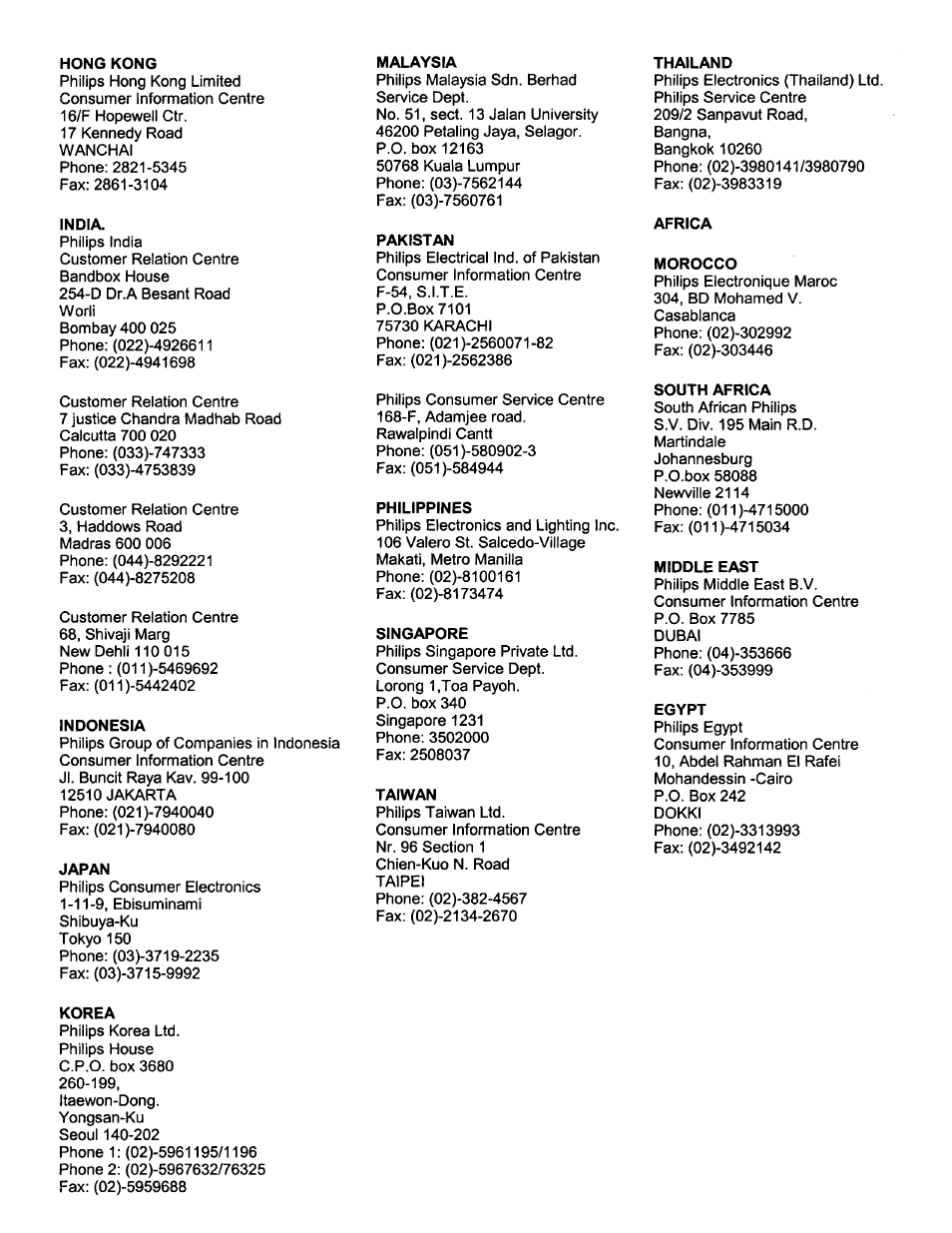 Hong kong, India, Indonesia | Japan, Malaysia, Pakistan, Philippines, Singapore, Taiwan, Korea | Philips PCVC675K99 User Manual | Page 27 / 27