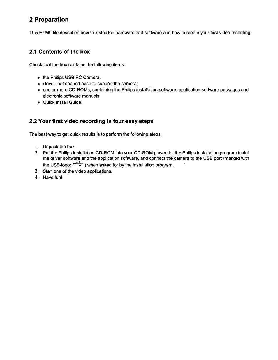 1 contents of the box, 2 your first video recording in four easy steps | Philips PCVC675K99 User Manual | Page 3 / 27