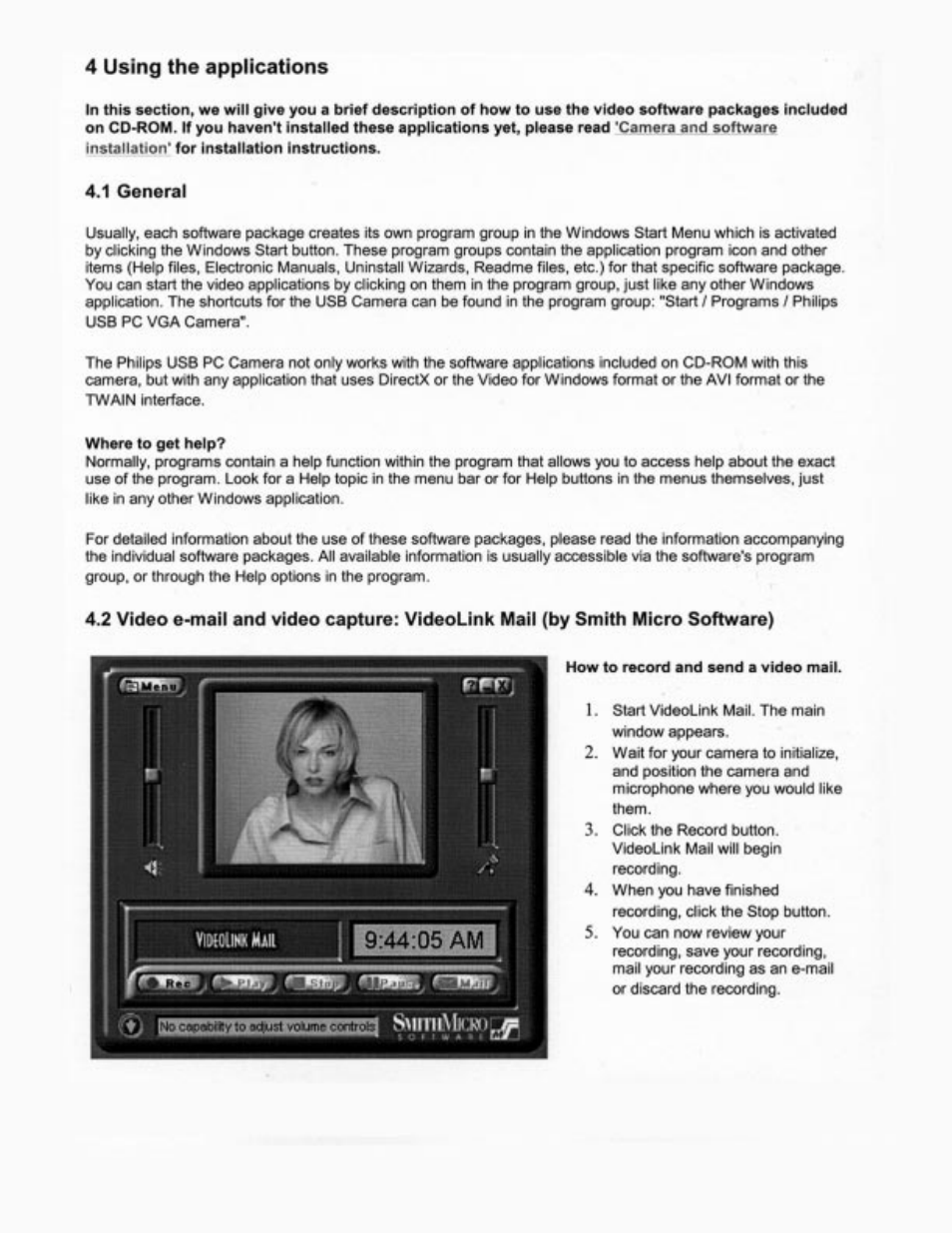 4 using the applications | Philips PCVC675K99 User Manual | Page 6 / 27