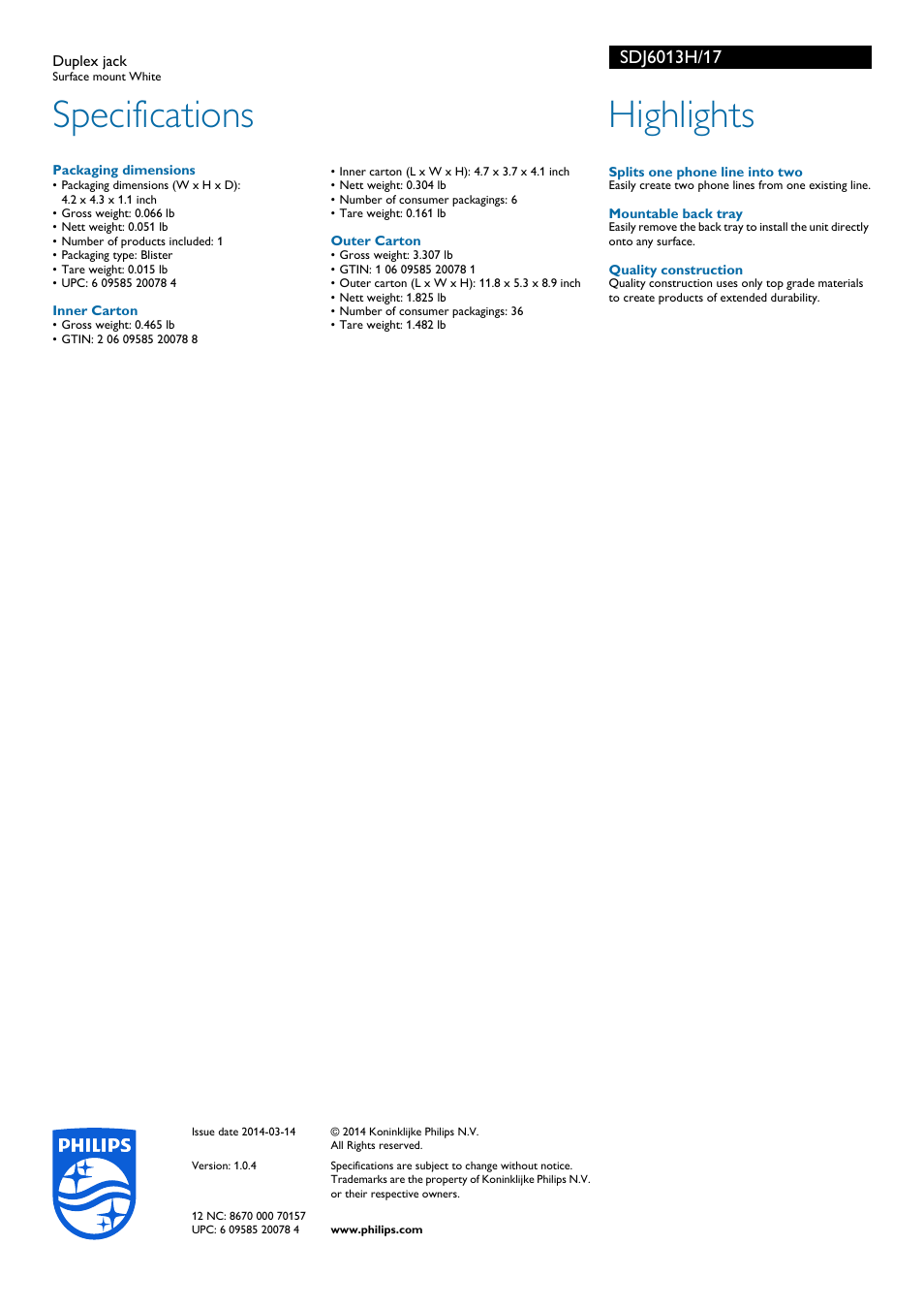 Specifications, Highlights | Philips SDJ6013H-17 User Manual | Page 2 / 2