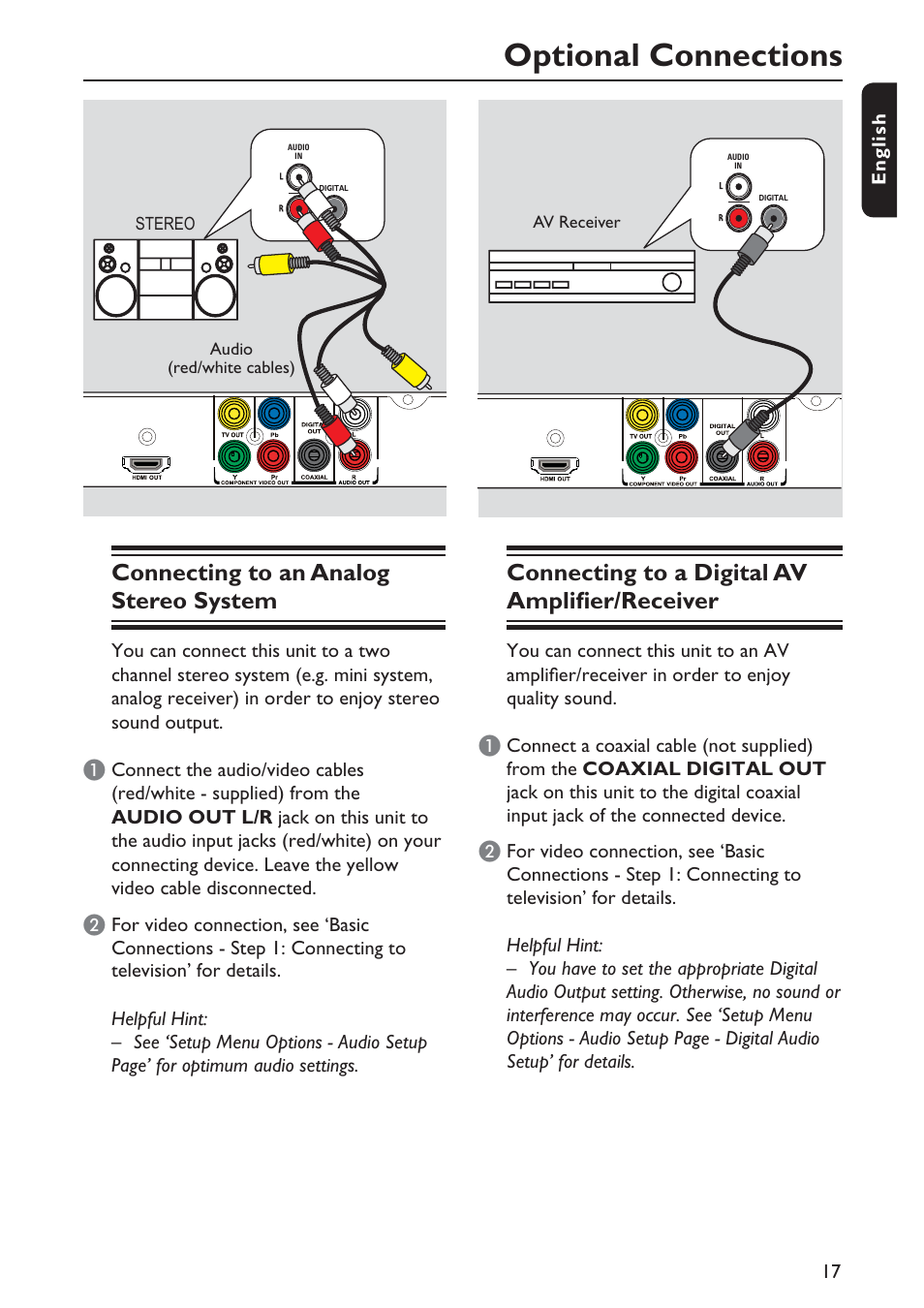 Optional connections, Connecting to an analog stereo system, Connecting to a digital av amplifier/receiver | Philips DVP5990-F7 User Manual | Page 17 / 58