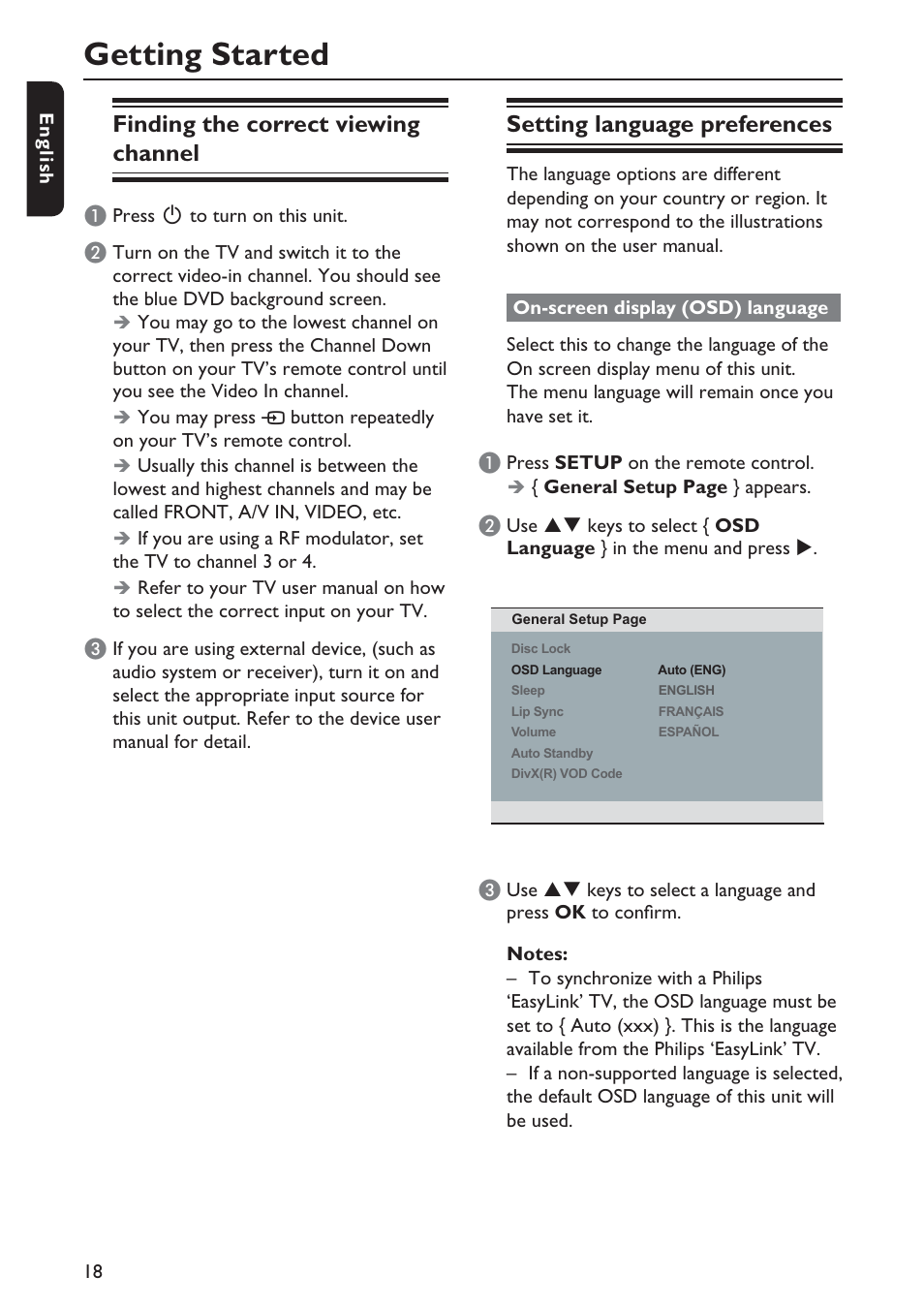 Getting started, Finding the correct viewing channel, Setting language preferences | Philips DVP5990-F7 User Manual | Page 18 / 58