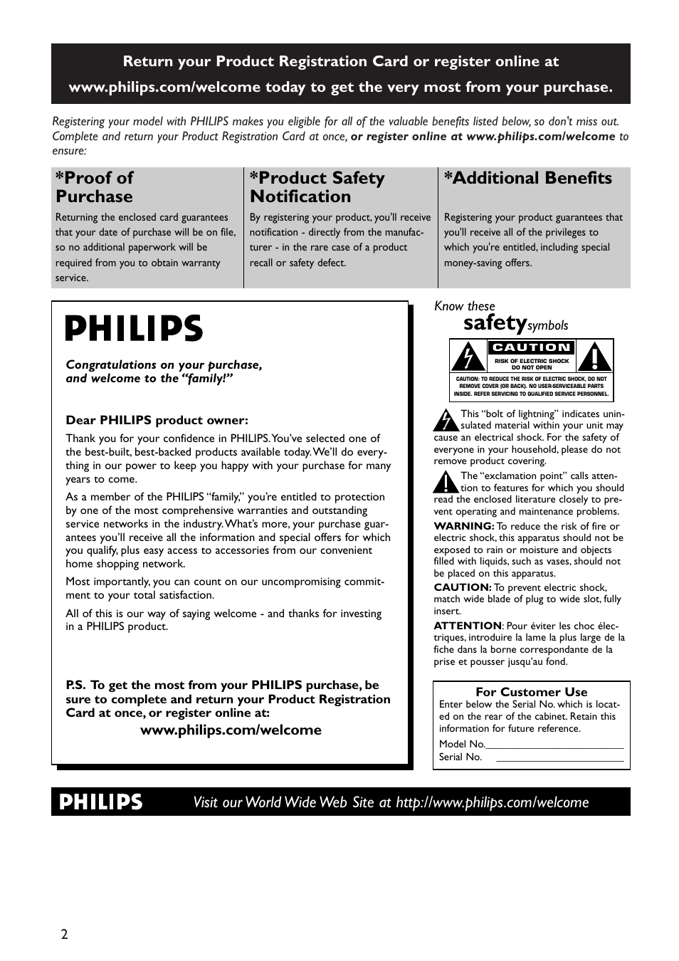 Safety, Proof of purchase, Product safety notification | Additional benefits | Philips DVP5990-F7 User Manual | Page 2 / 58