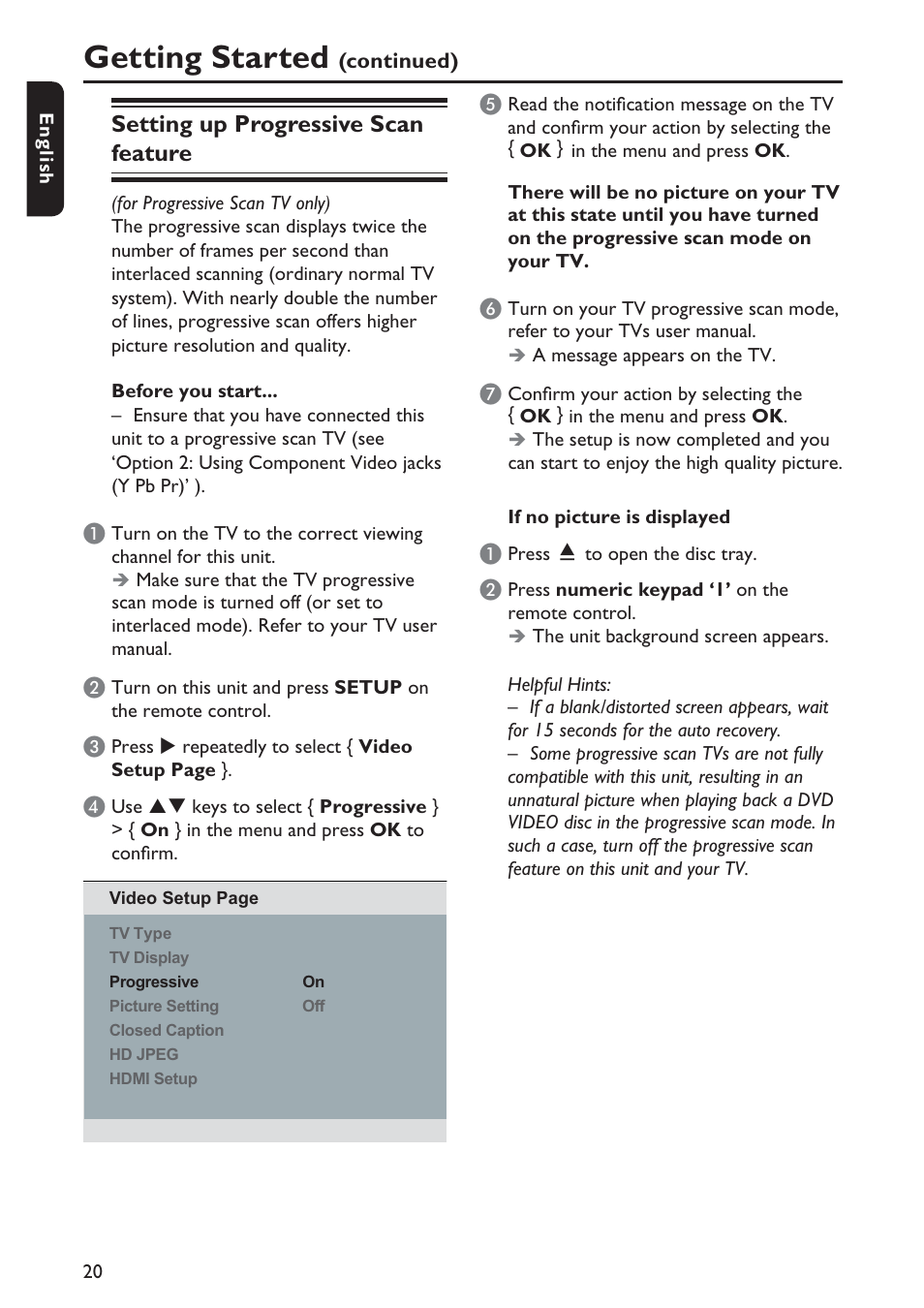 Getting started, Setting up progressive scan feature | Philips DVP5990-F7 User Manual | Page 20 / 58