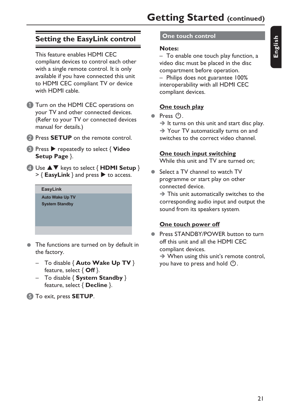 Getting started, Setting the easylink control | Philips DVP5990-F7 User Manual | Page 21 / 58