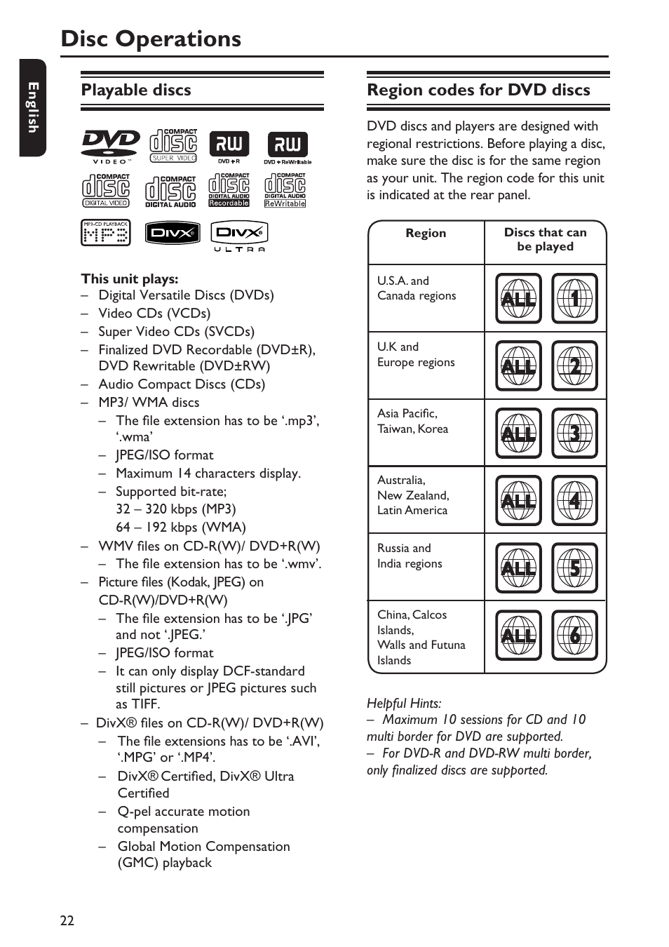 Disc operations, Playable discs, Region codes for dvd discs | Philips DVP5990-F7 User Manual | Page 22 / 58