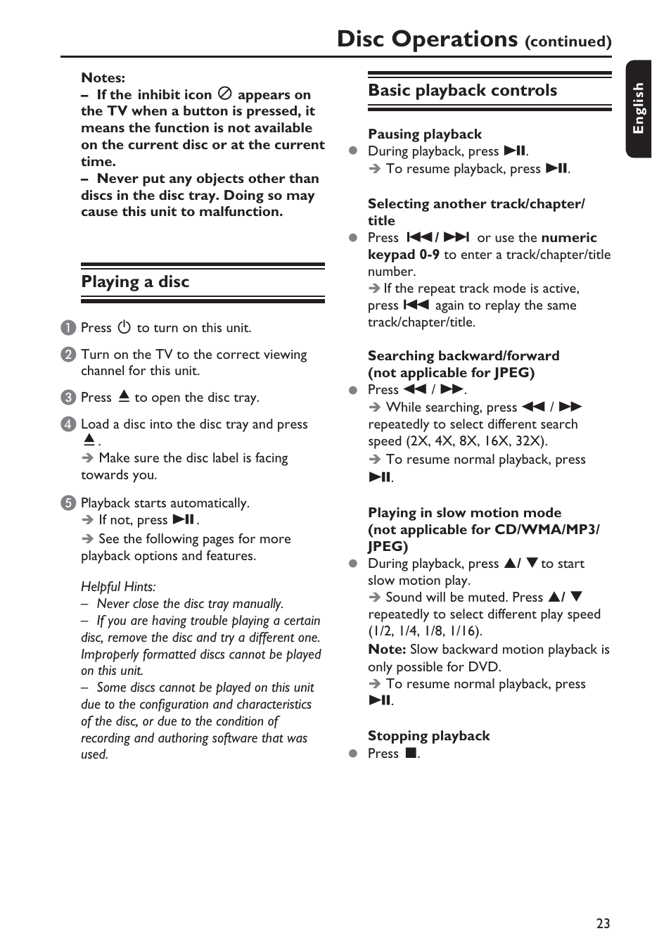 Disc operations, Playing a disc, Basic playback controls | Philips DVP5990-F7 User Manual | Page 23 / 58