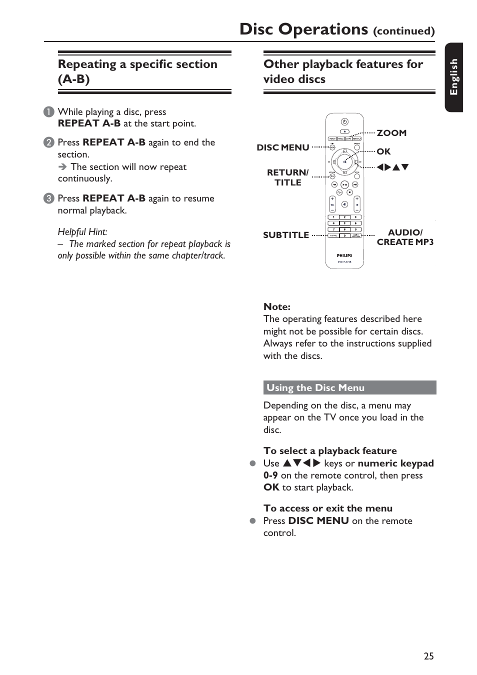 Disc operations, Other playback features for video discs | Philips DVP5990-F7 User Manual | Page 25 / 58