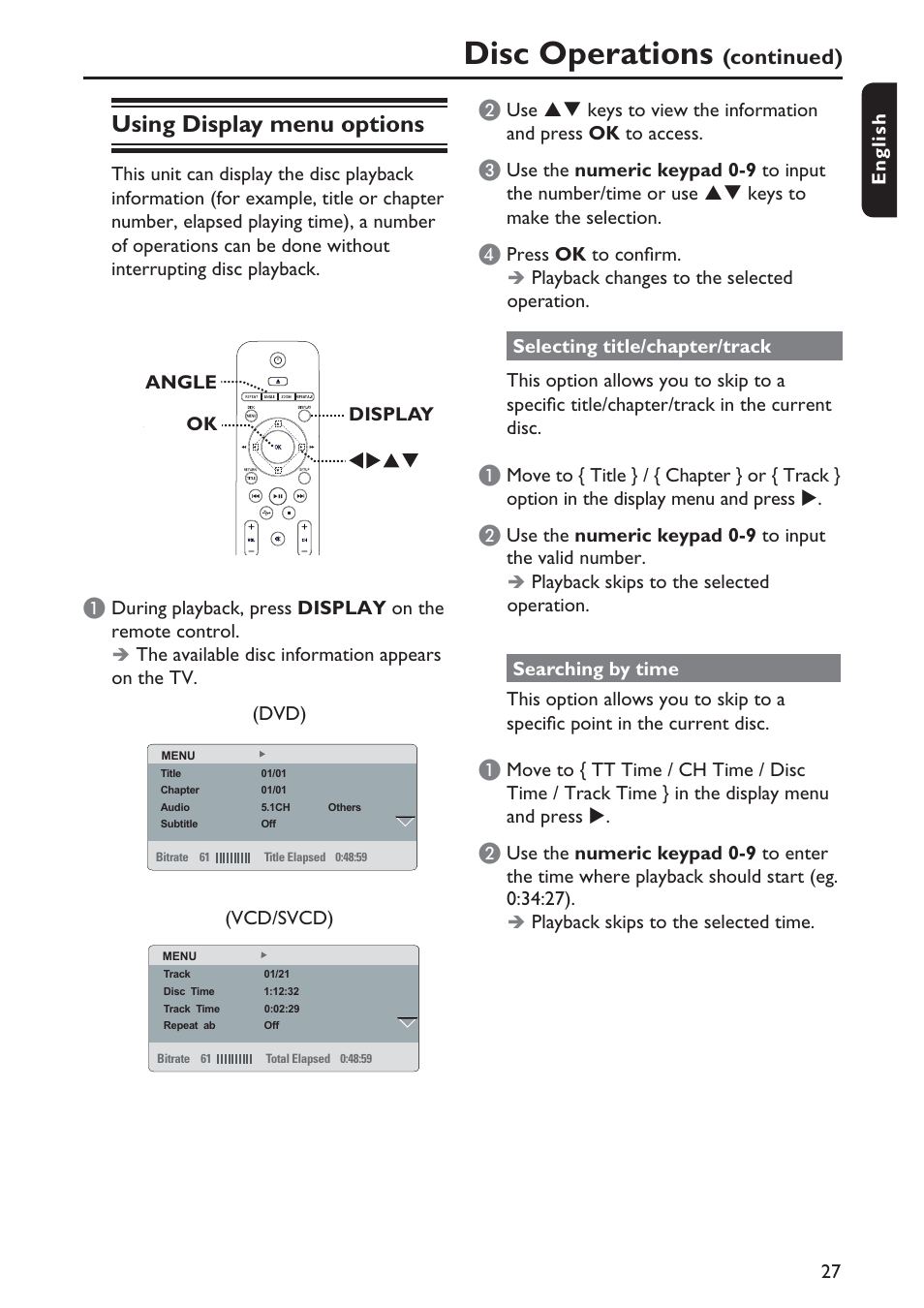 Disc operations, Using display menu options | Philips DVP5990-F7 User Manual | Page 27 / 58