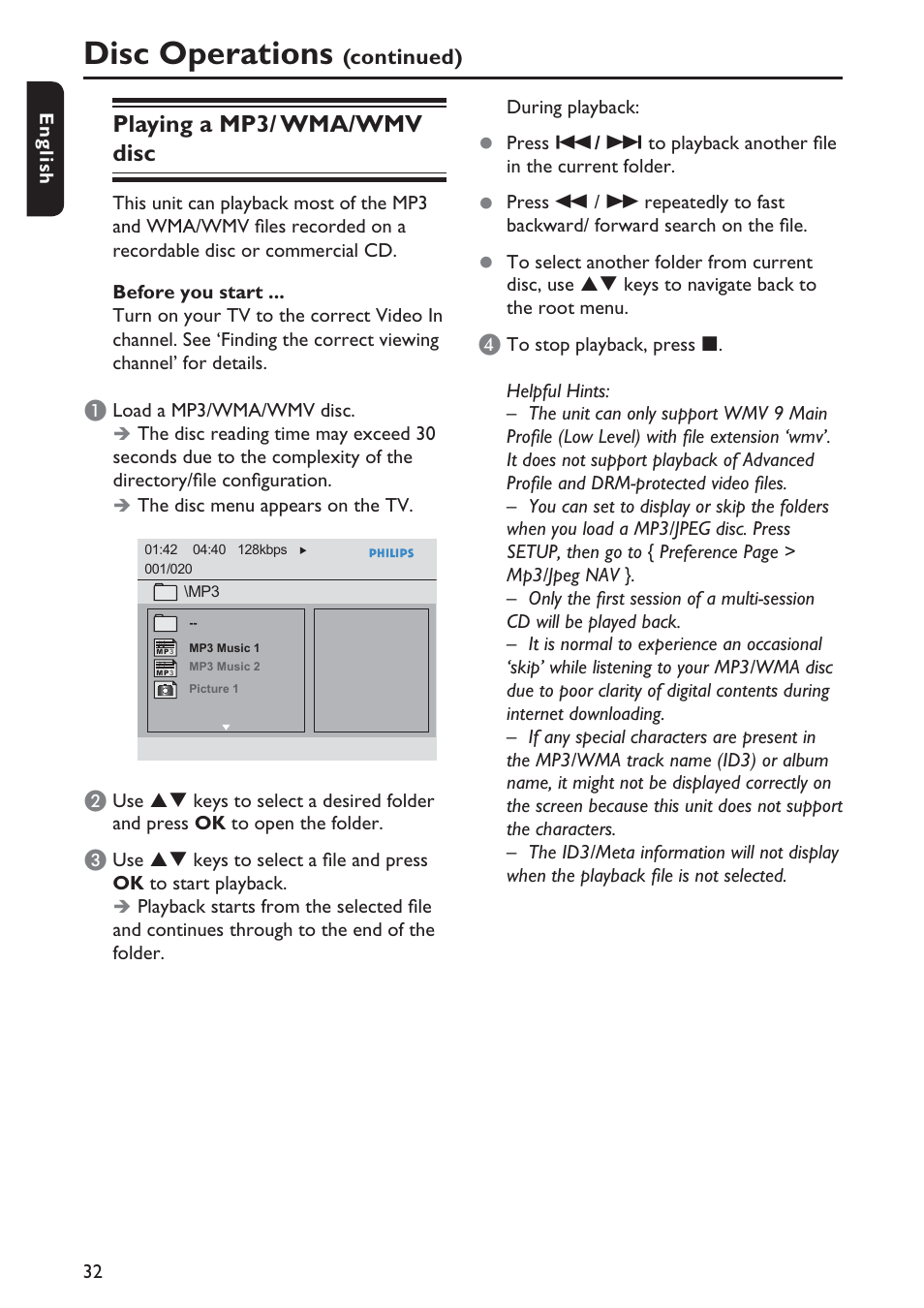 Disc operations, Playing a mp3/ wma/wmv disc | Philips DVP5990-F7 User Manual | Page 32 / 58