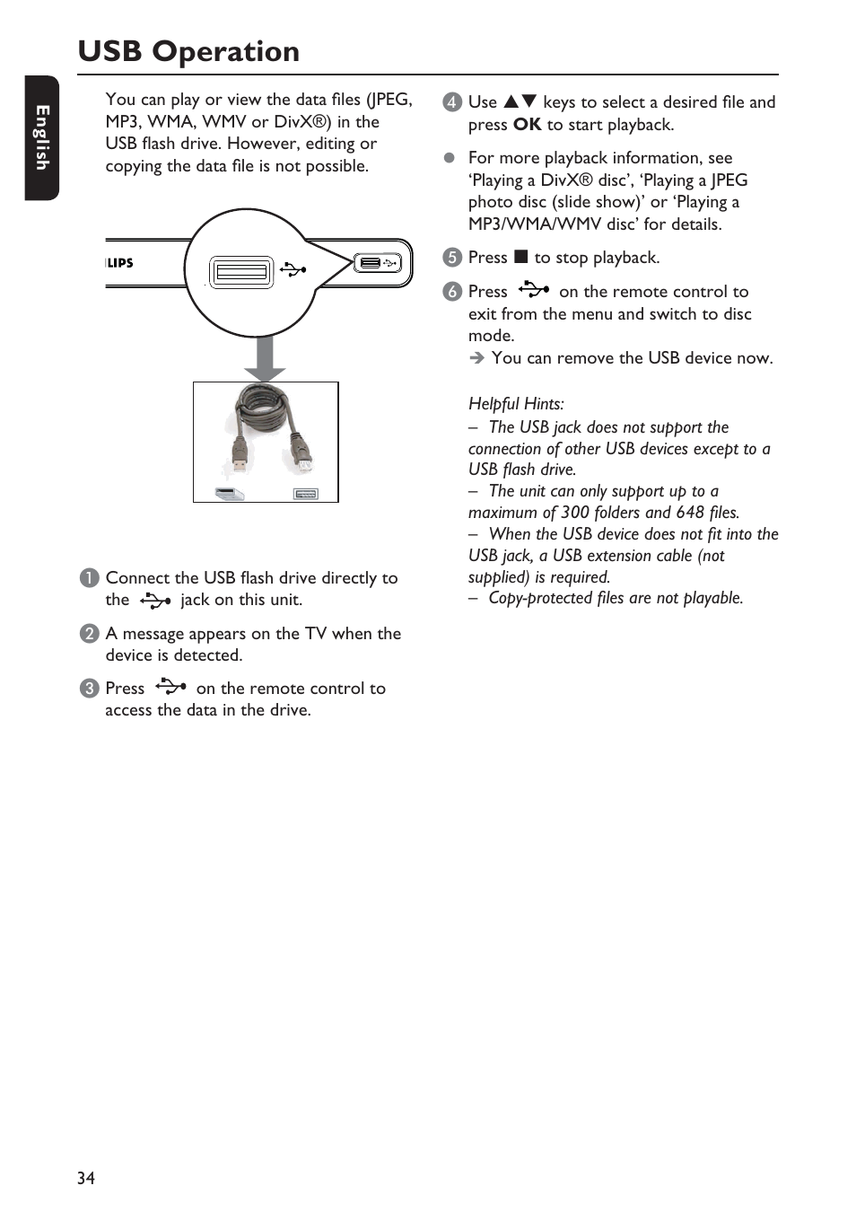 Usb operation | Philips DVP5990-F7 User Manual | Page 34 / 58