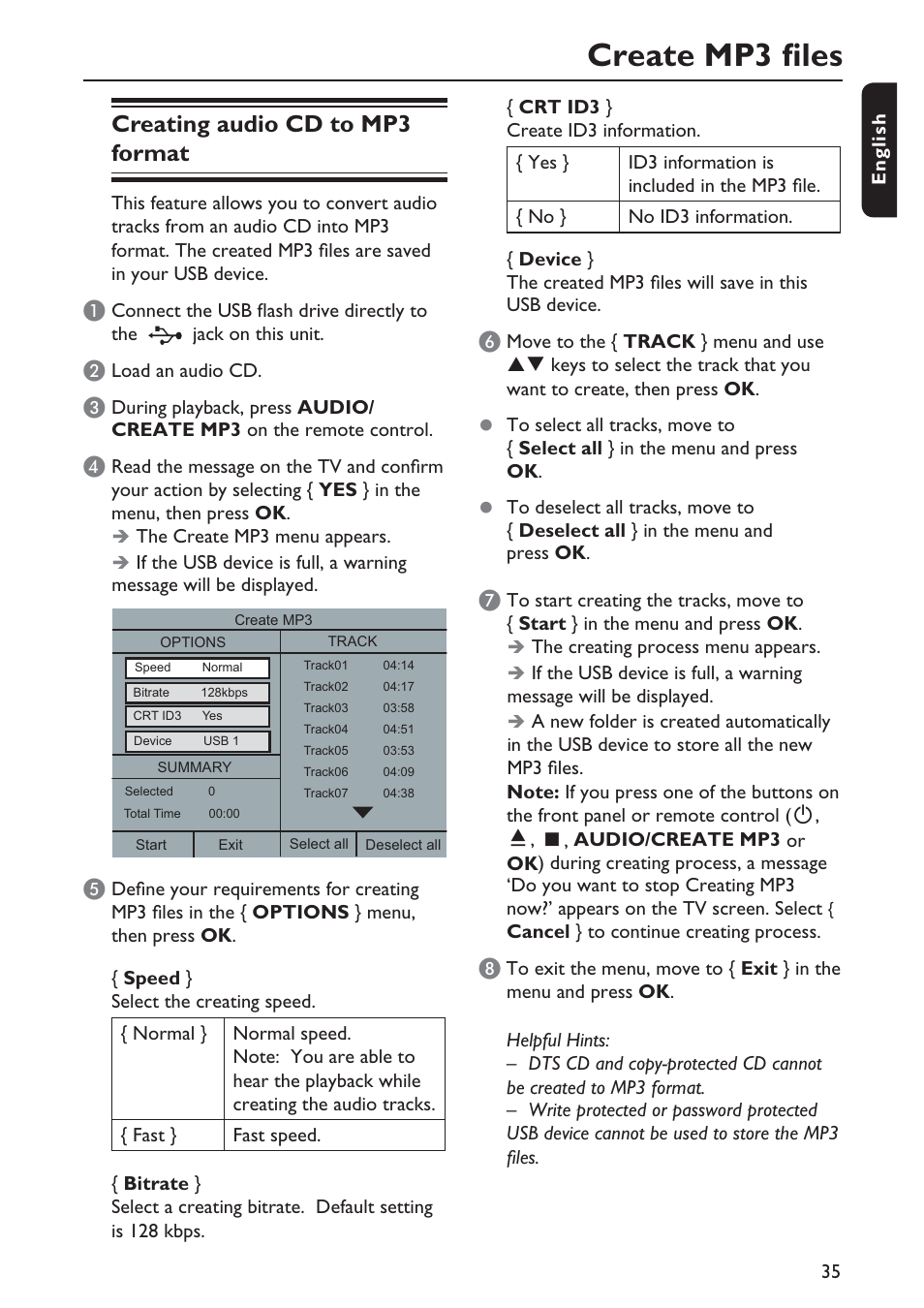 Create mp3 files, Creating audio cd to mp3 format | Philips DVP5990-F7 User Manual | Page 35 / 58