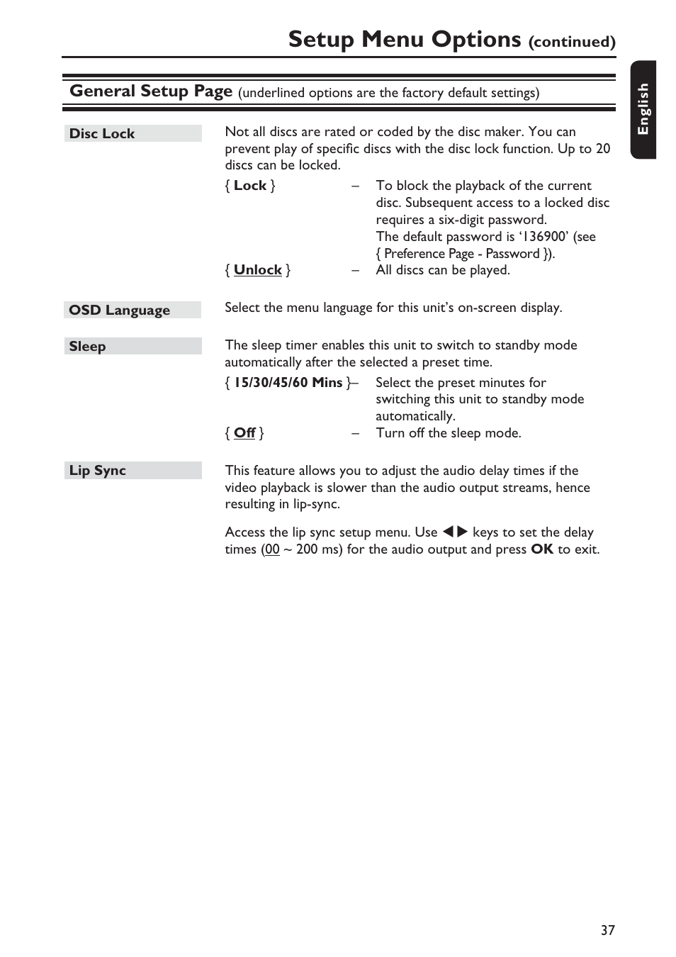 Setup menu options | Philips DVP5990-F7 User Manual | Page 37 / 58