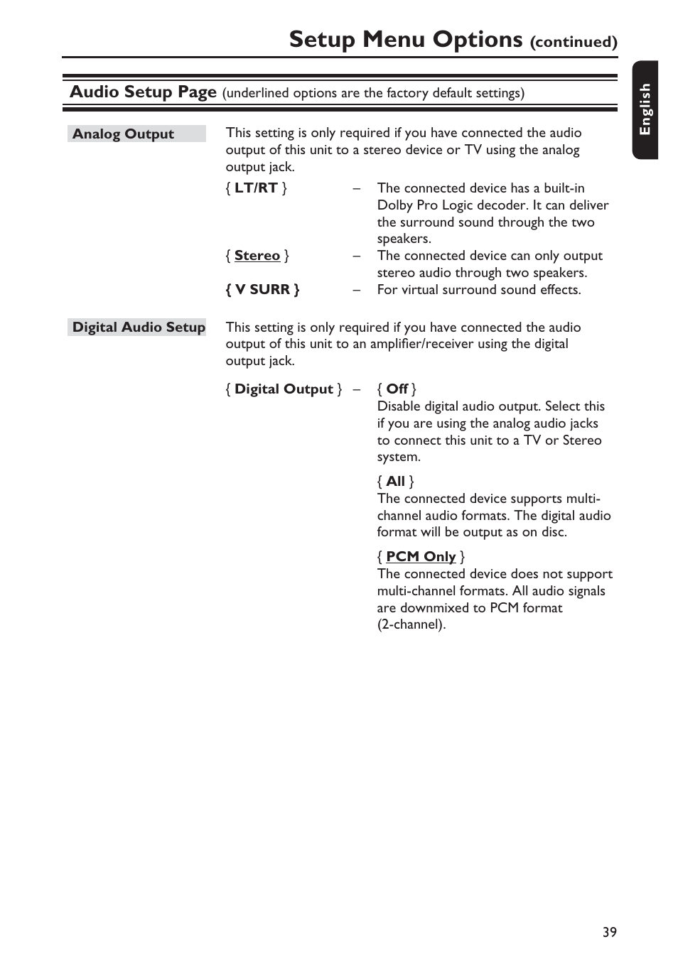 Setup menu options | Philips DVP5990-F7 User Manual | Page 39 / 58