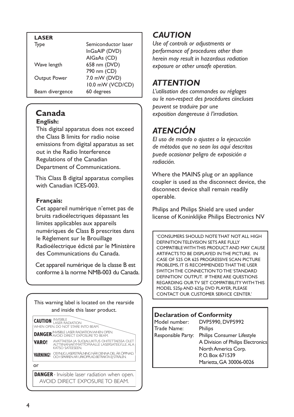 Canada, Caution, Attention | Atención | Philips DVP5990-F7 User Manual | Page 4 / 58